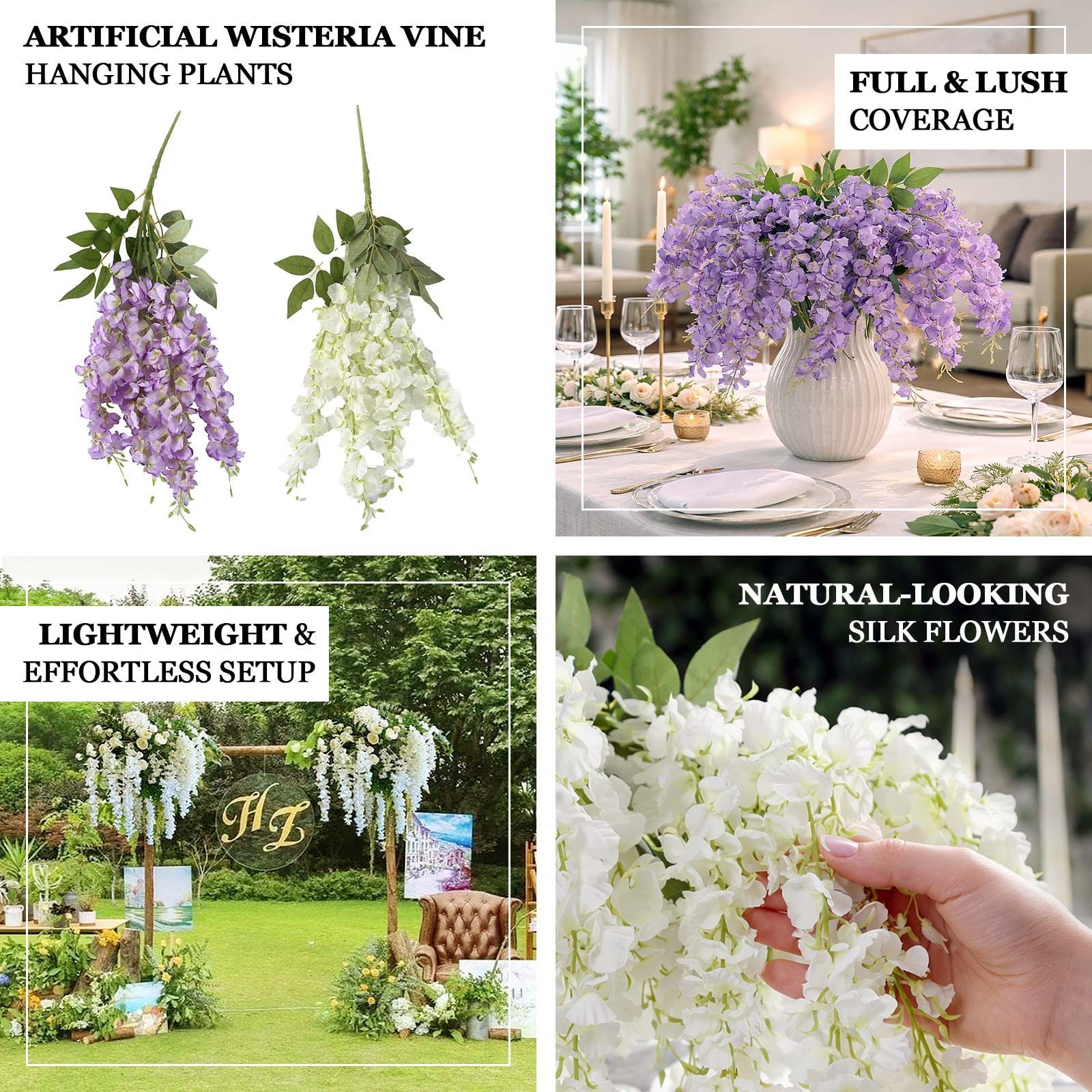 Purple silk wisteria vines hanging plants for elegant decor.