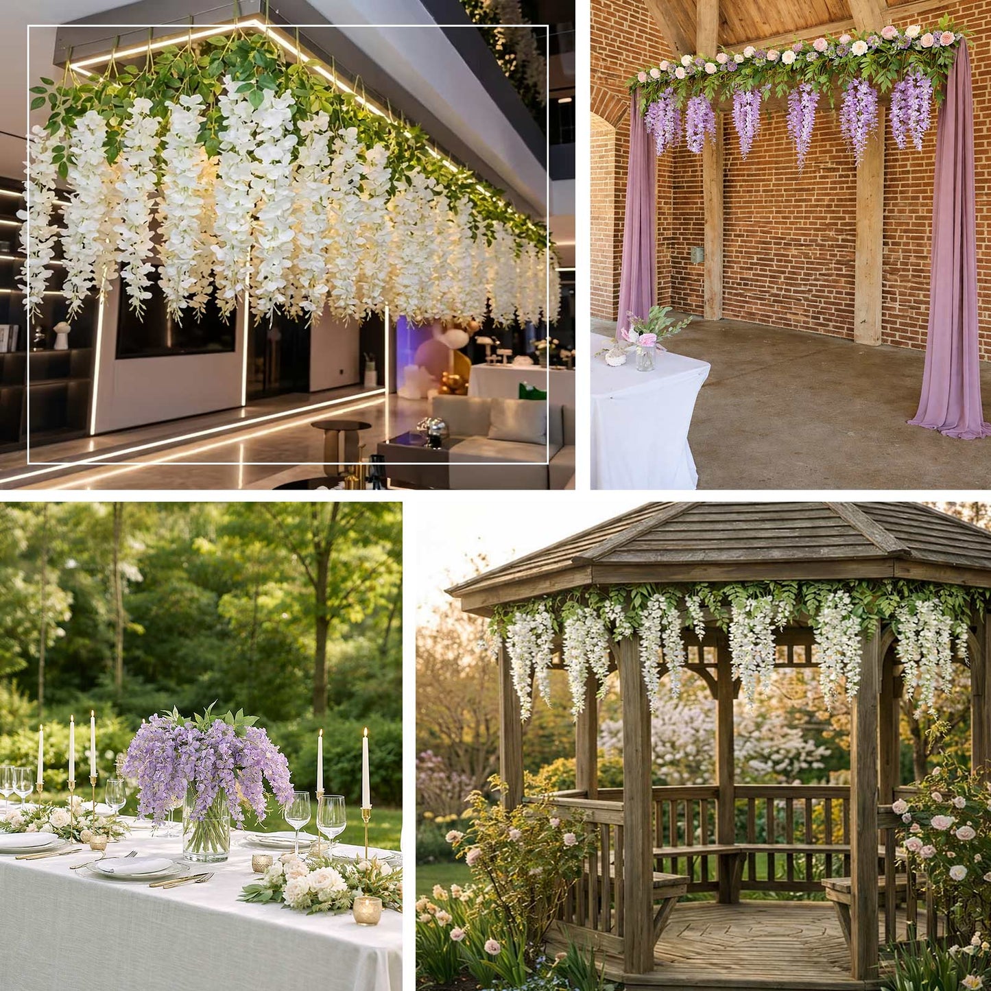 Cream silk wisteria vines hanging decor in elegant settings.