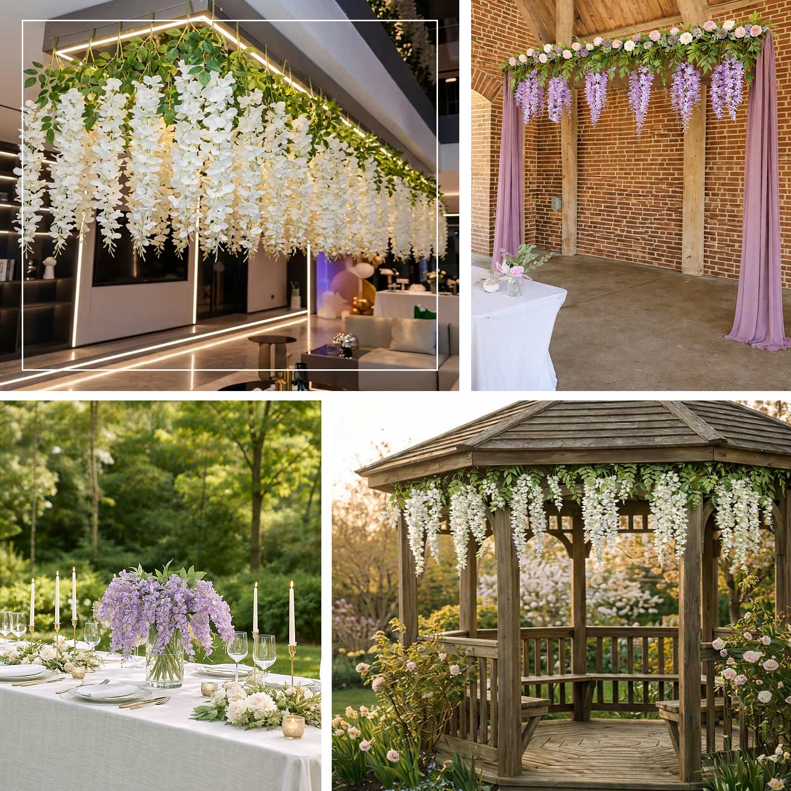 Cream silk wisteria vines hanging decor in elegant settings.