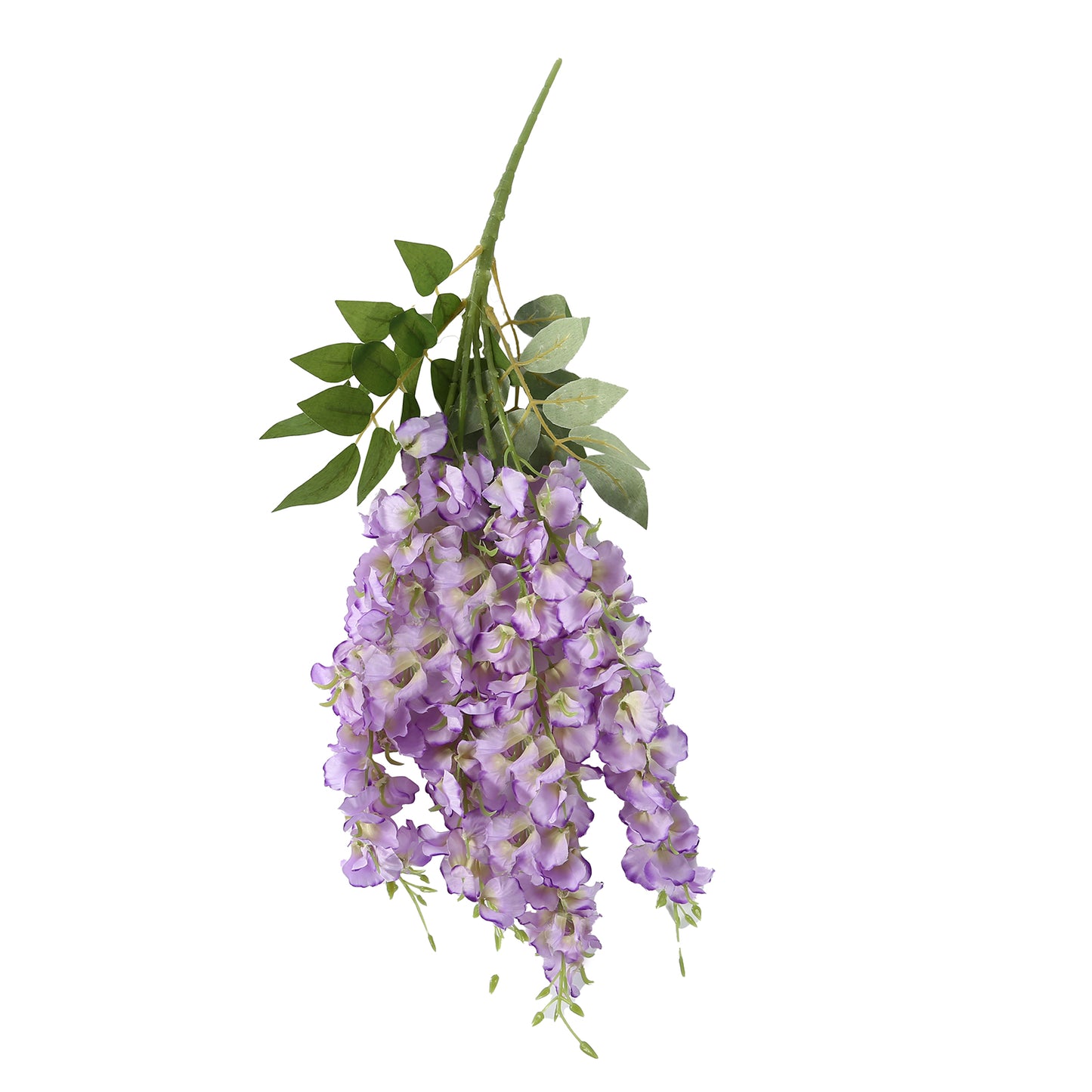 Purple silk wisteria vines hanging plant with full strands and leaves.
