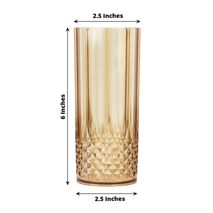 6 Pack | 14oz Amber Gold Crystal Cut Reusable Plastic Cocktail Tumbler Cups, Shatterproof Tall Highball Drink Glasses