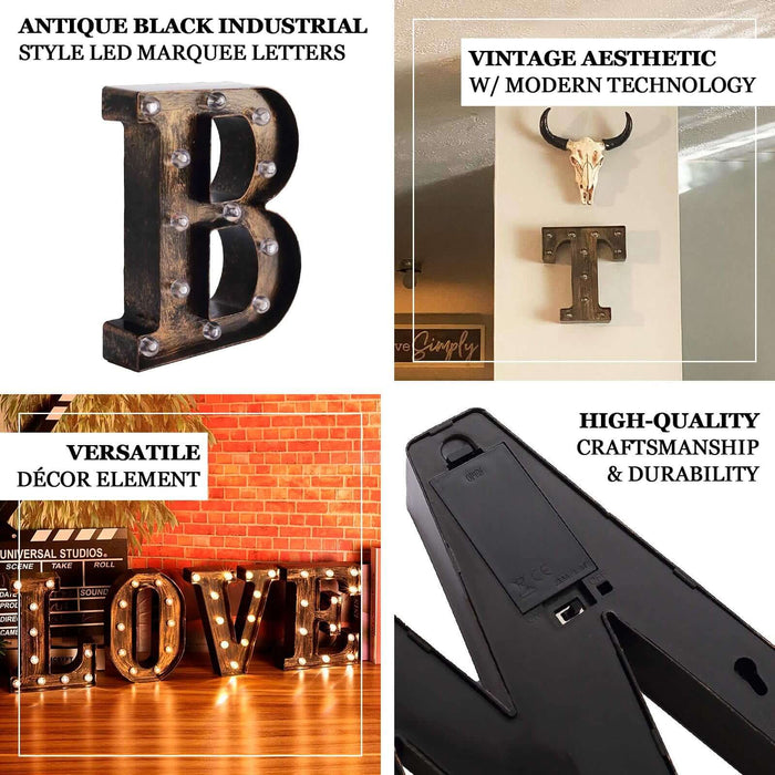 Antique Black Industrial Style LED Marquee Alphabet Letter Sign "A", 9" Vintage Style Light Up Letter