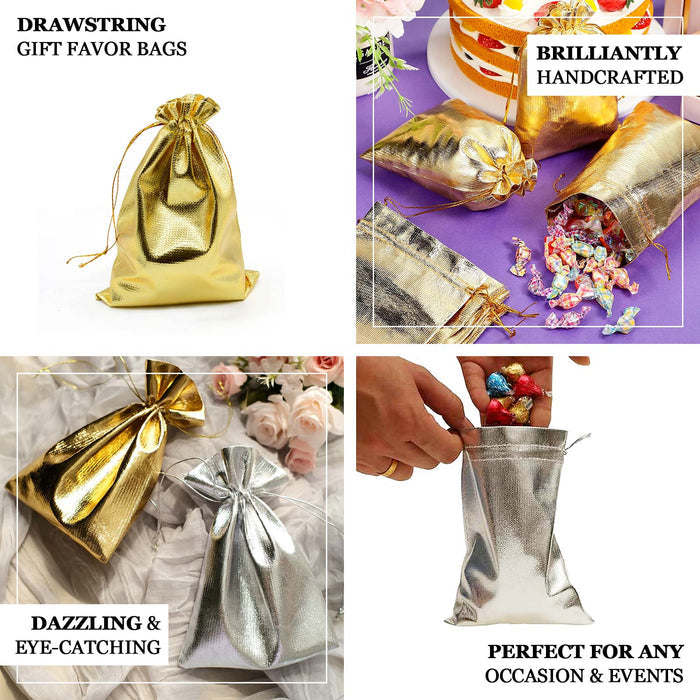 10 Pack | Metallic Silver Lame Polyester 5"x7" Party Favor Gift Bags, Shiny Fabric Drawstring Candy Pouch