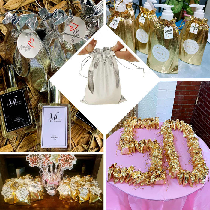 10 Pack | Metallic Silver Lame Polyester 5"x7" Party Favor Gift Bags, Shiny Fabric Drawstring Candy Pouch