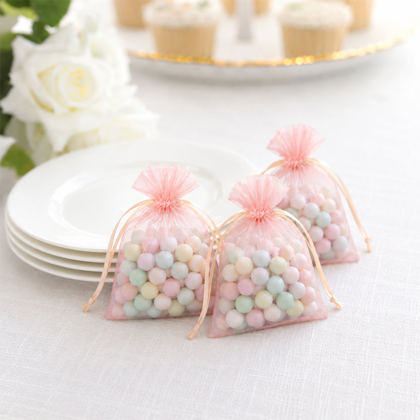 100 Pack Blush Organza Drawstring Gift Bags 3" x 4" – Wedding Party Favor Bags