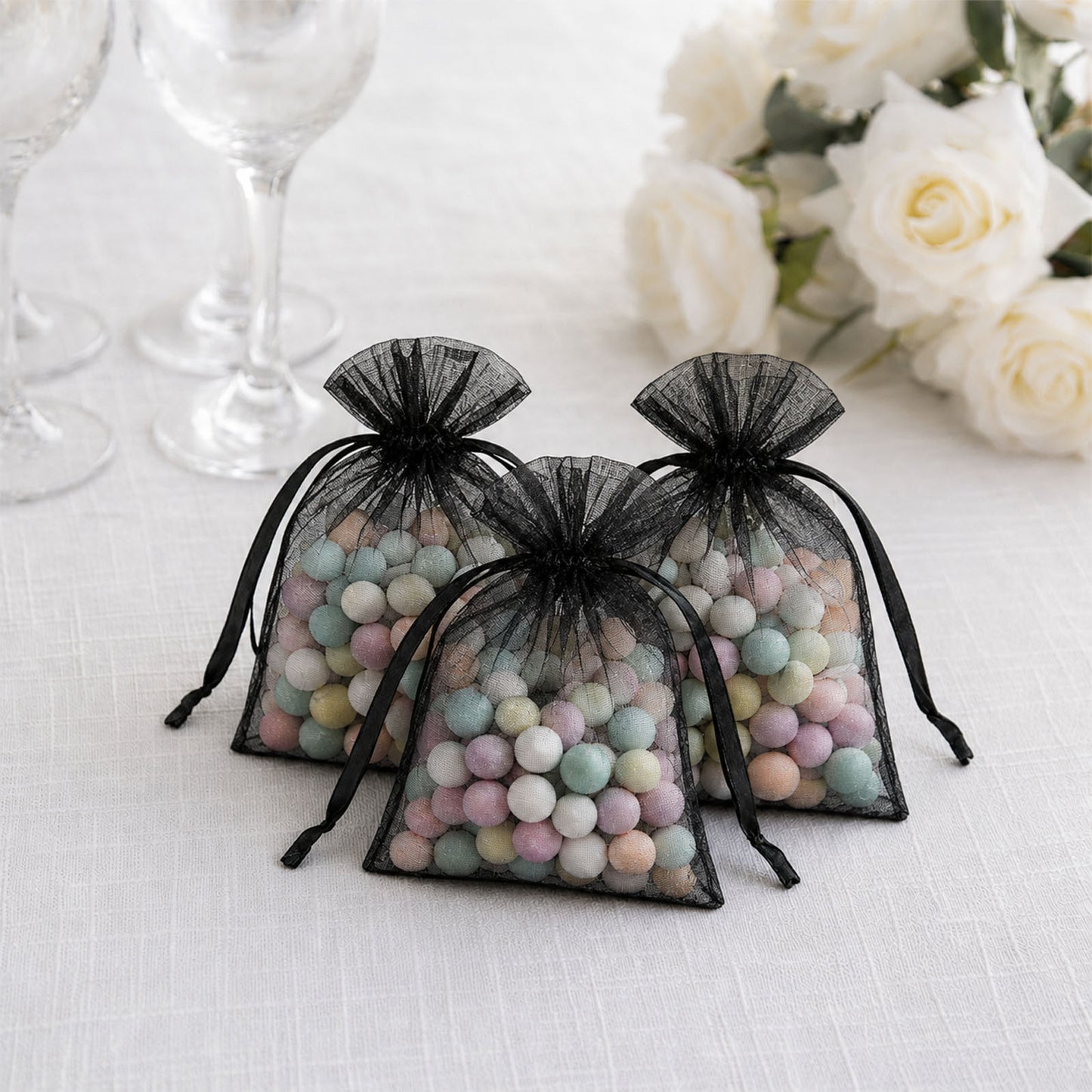 100 Pack Black Organza Drawstring Gift Bags 3" x 4" – Wedding Party Favor Bags
