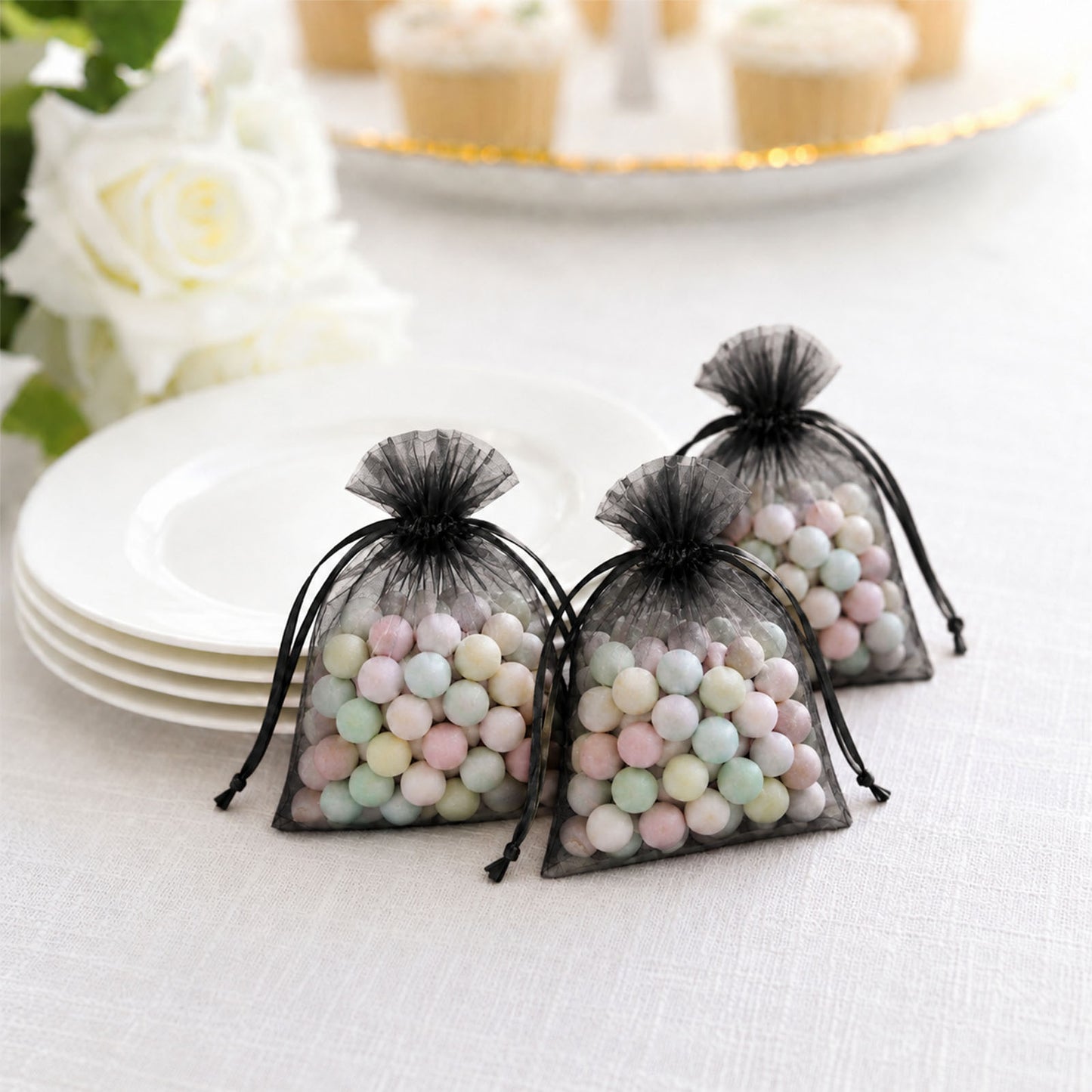 100 Pack Black Organza Drawstring Gift Bags 3" x 4" – Wedding Party Favor Bags