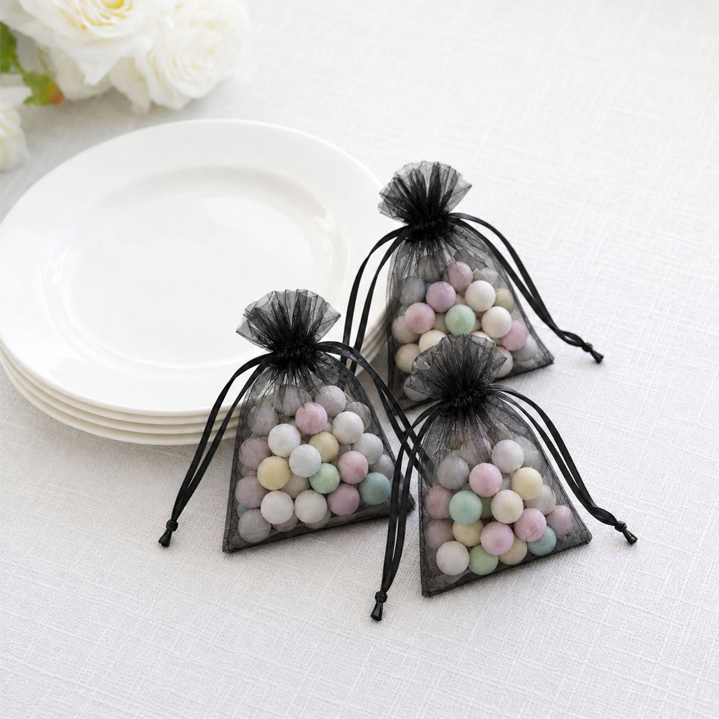 100 Pack Black Organza Drawstring Gift Bags 3" x 4" – Wedding Party Favor Bags