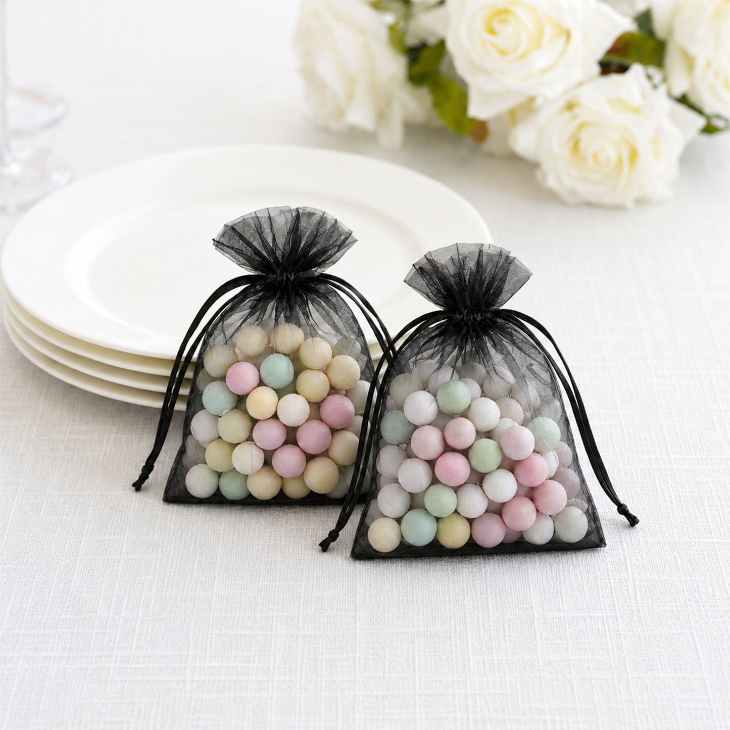 100 Pack Black Organza Drawstring Gift Bags 3" x 4" – Wedding Party Favor Bags