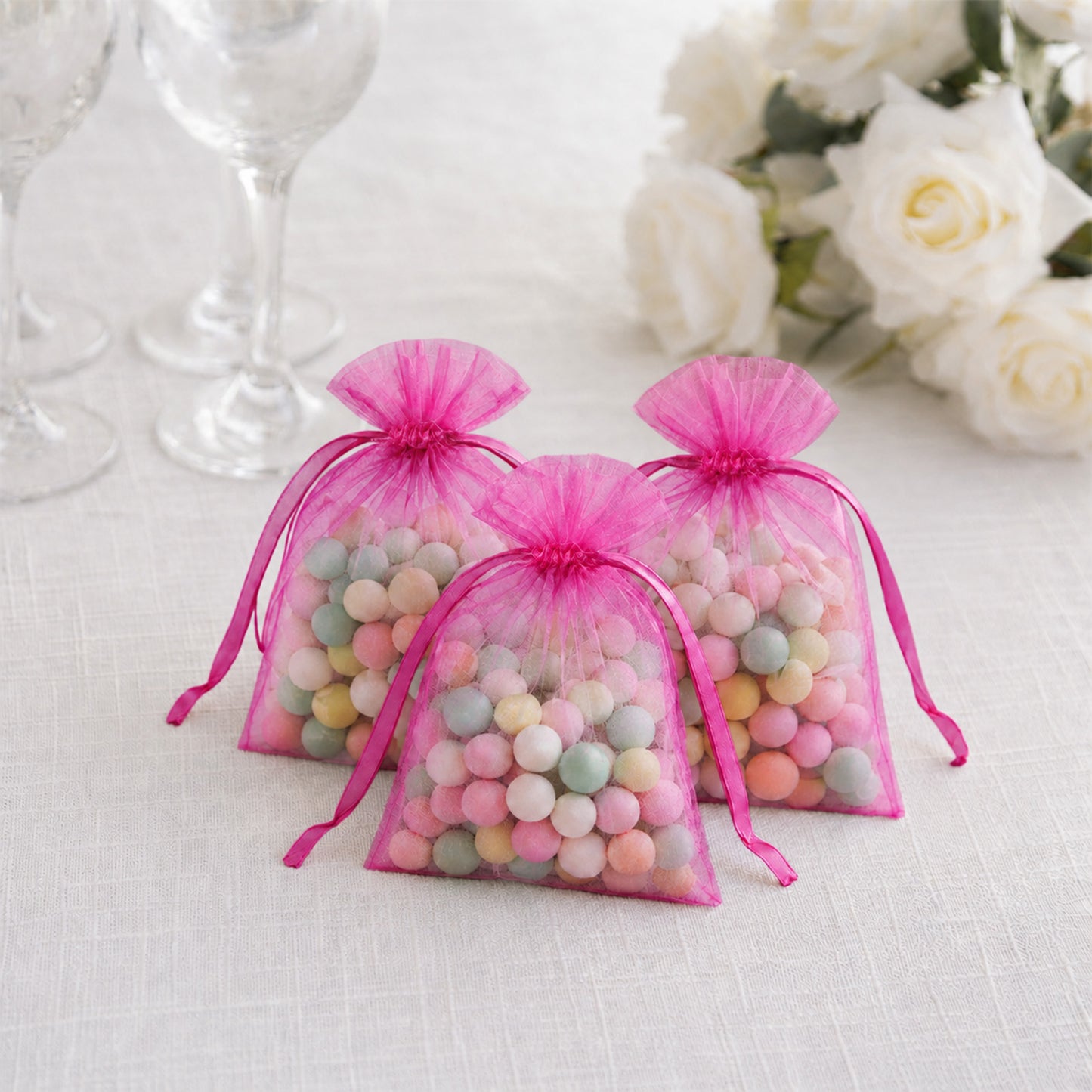 100 Pack Fuchsia Organza Drawstring Gift Bags 3" x 4" – Wedding Party Favor Bags