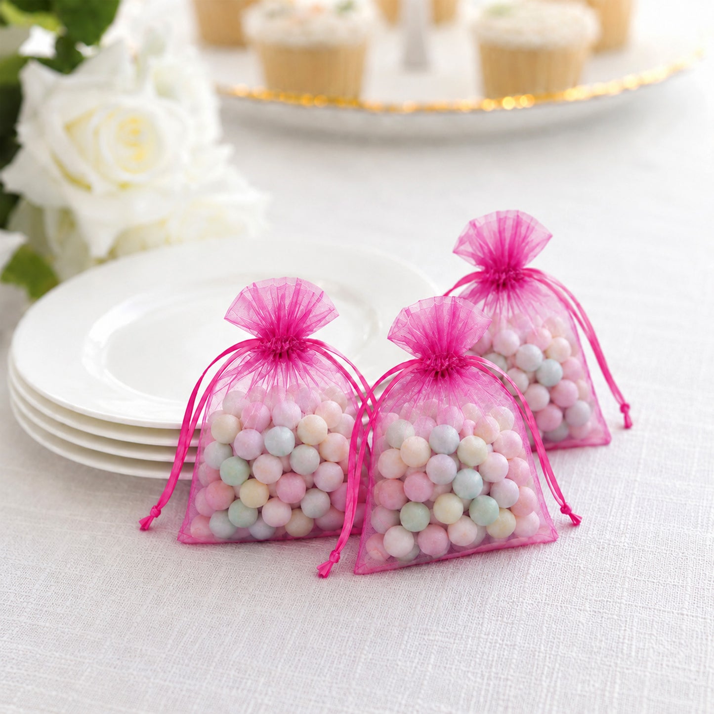 100 Pack Fuchsia Organza Drawstring Gift Bags 3" x 4" – Wedding Party Favor Bags