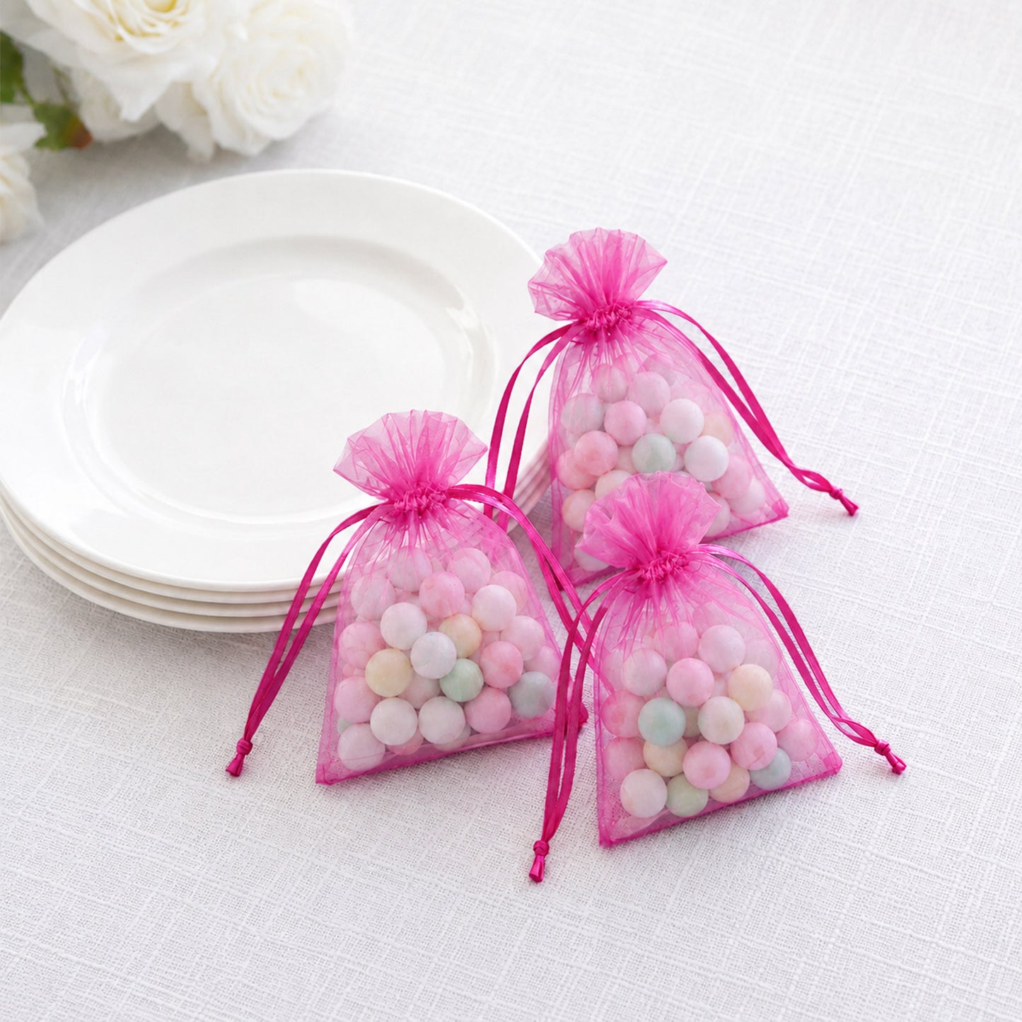 100 Pack Fuchsia Organza Drawstring Gift Bags 3" x 4" – Wedding Party Favor Bags