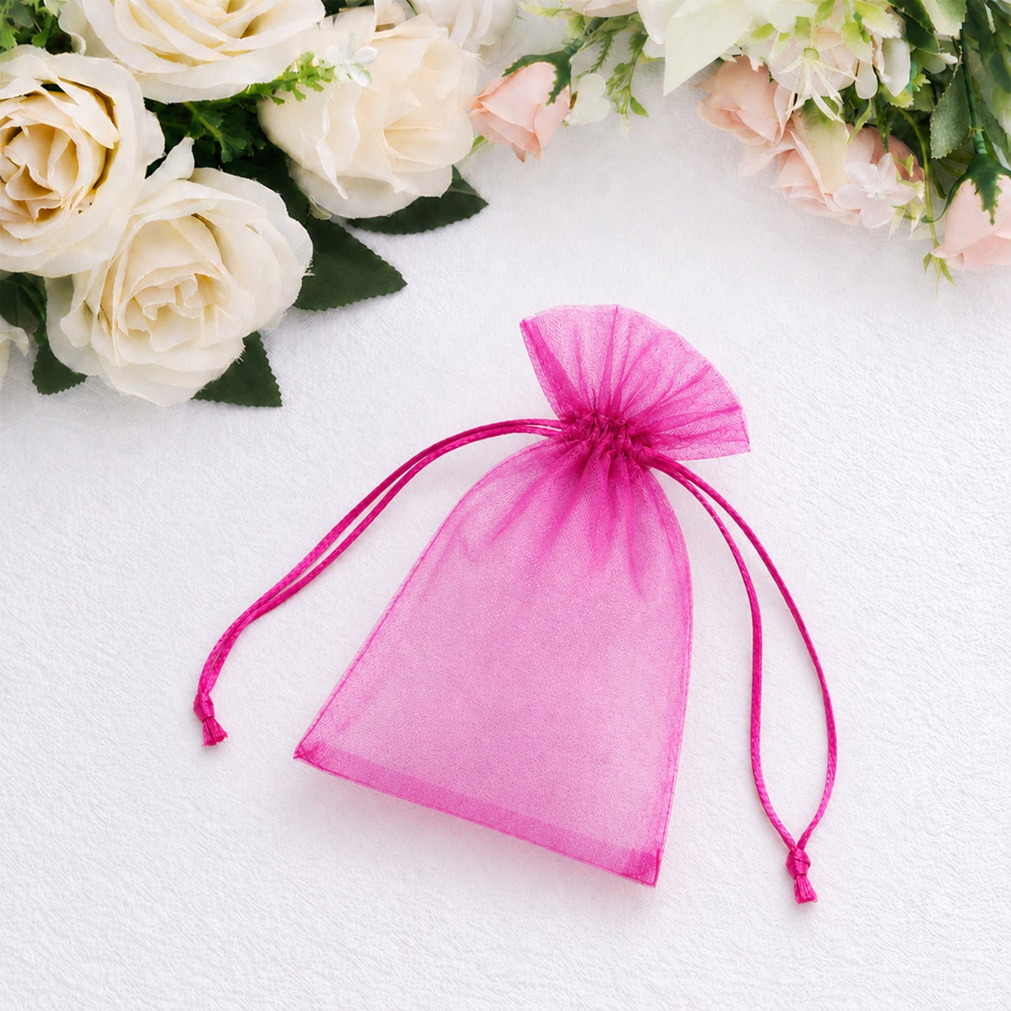 100 Pack Fuchsia Organza Drawstring Gift Bags 3" x 4" – Wedding Party Favor Bags
