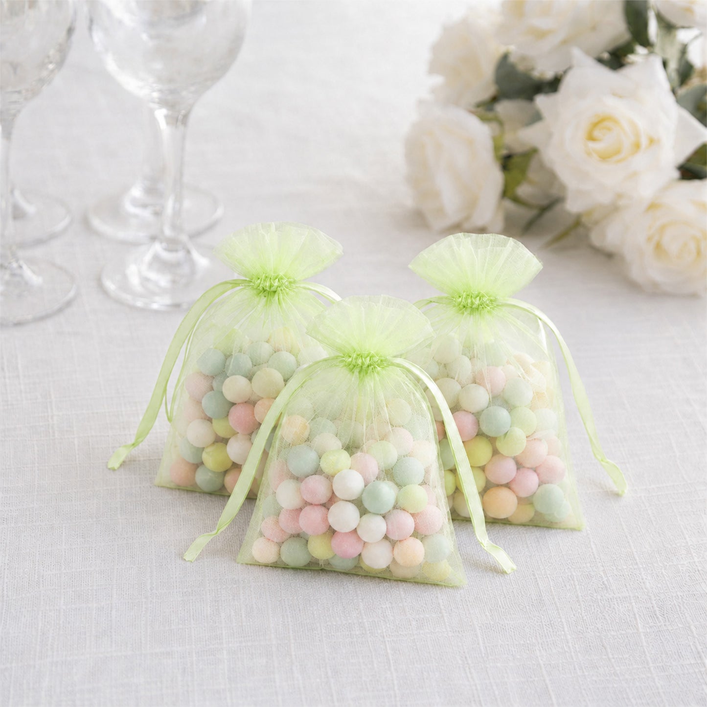 100 Pack Mint Organza Drawstring Gift Bags 3" x 4" – Wedding Party Favor Bags