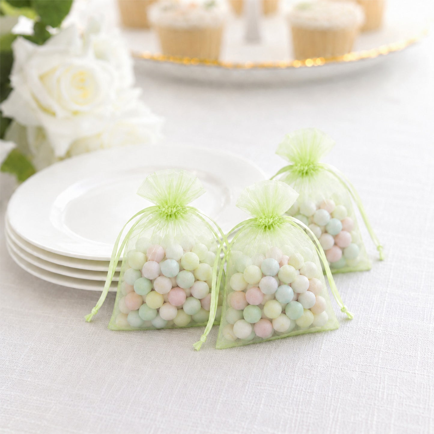 100 Pack Mint Organza Drawstring Gift Bags 3" x 4" – Wedding Party Favor Bags