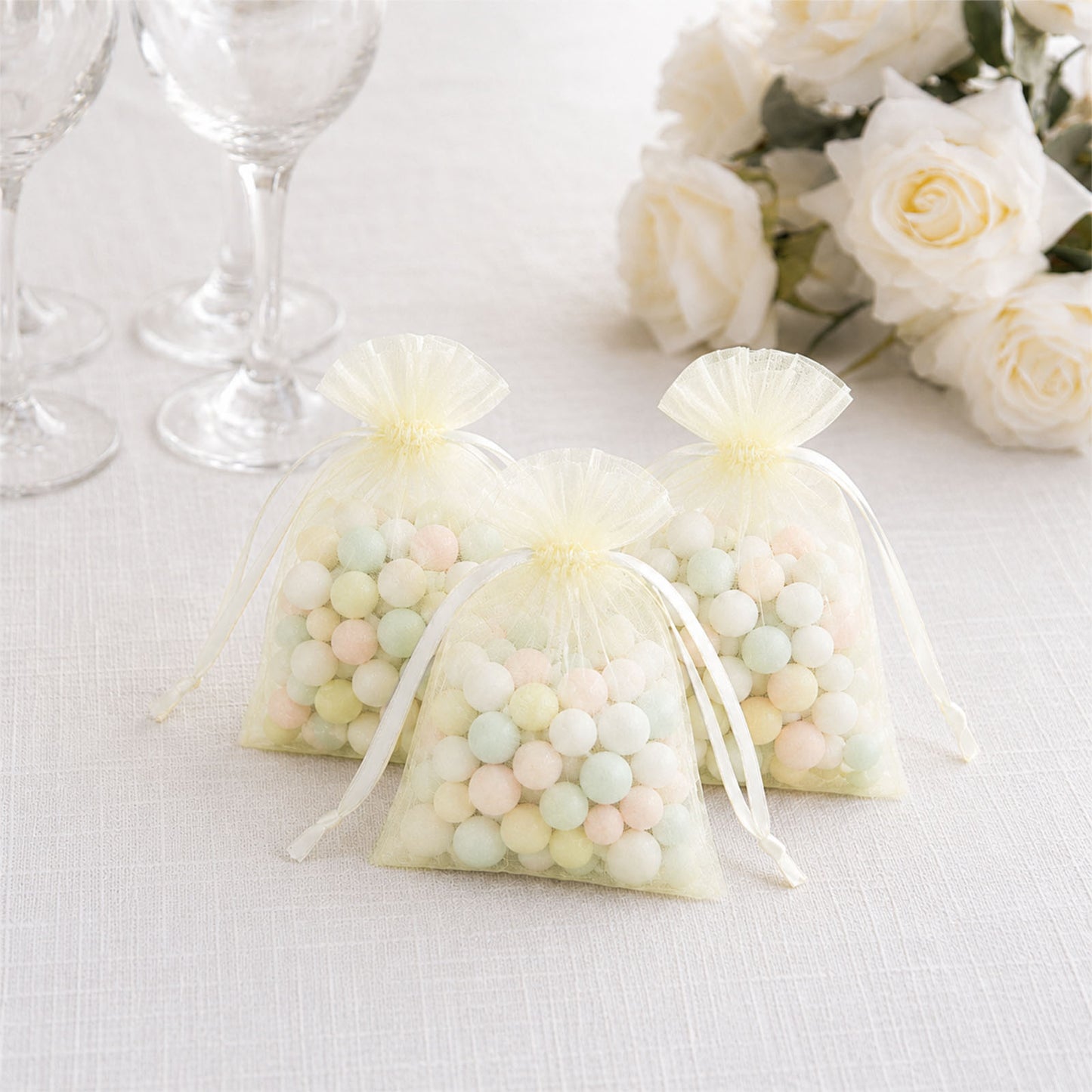 100 Pack Yellow Organza Drawstring Gift Bags 3" x 4" – Wedding Party Favor Bags