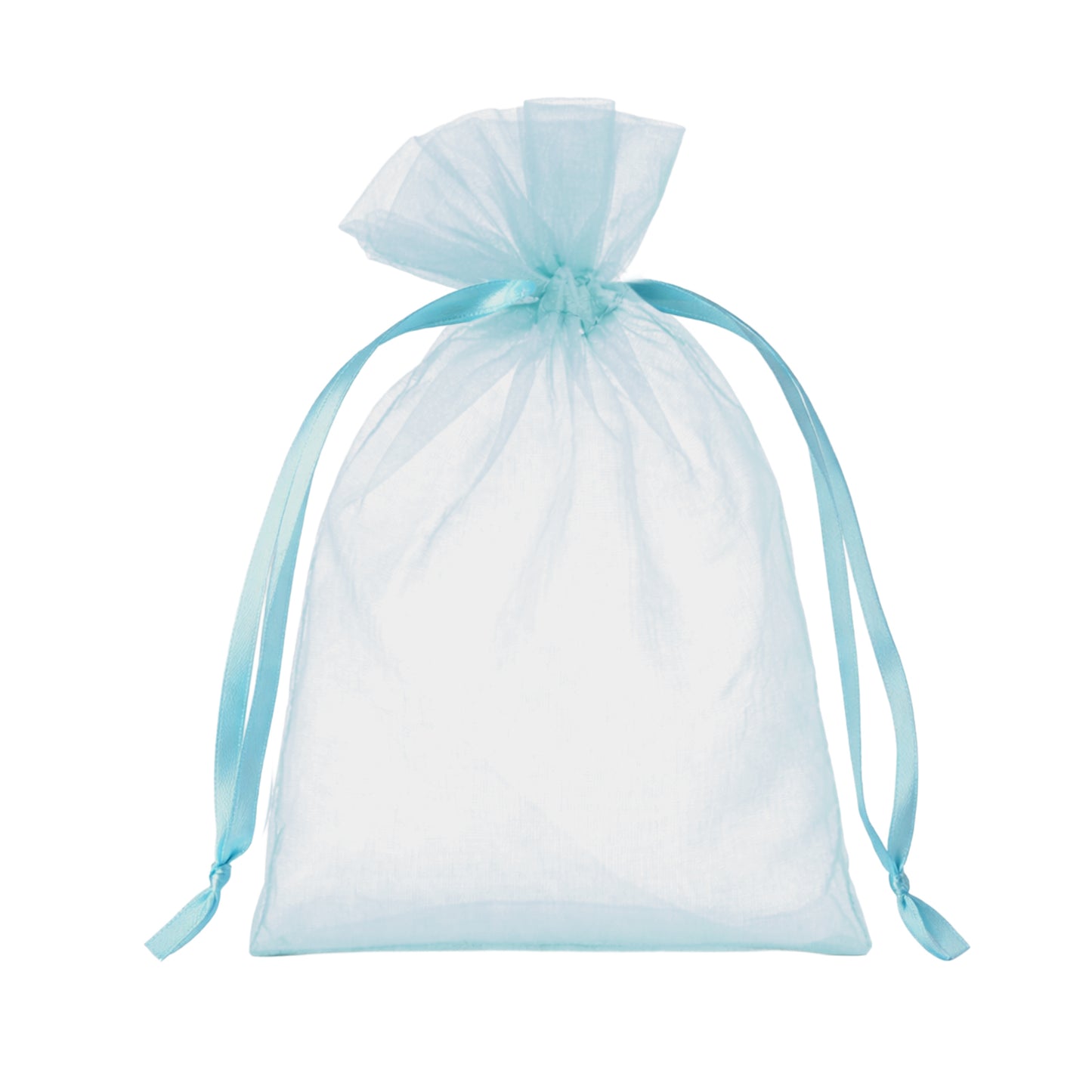 Light blue organza gift bag with drawstring, 4" x 6" for weddings and parties.