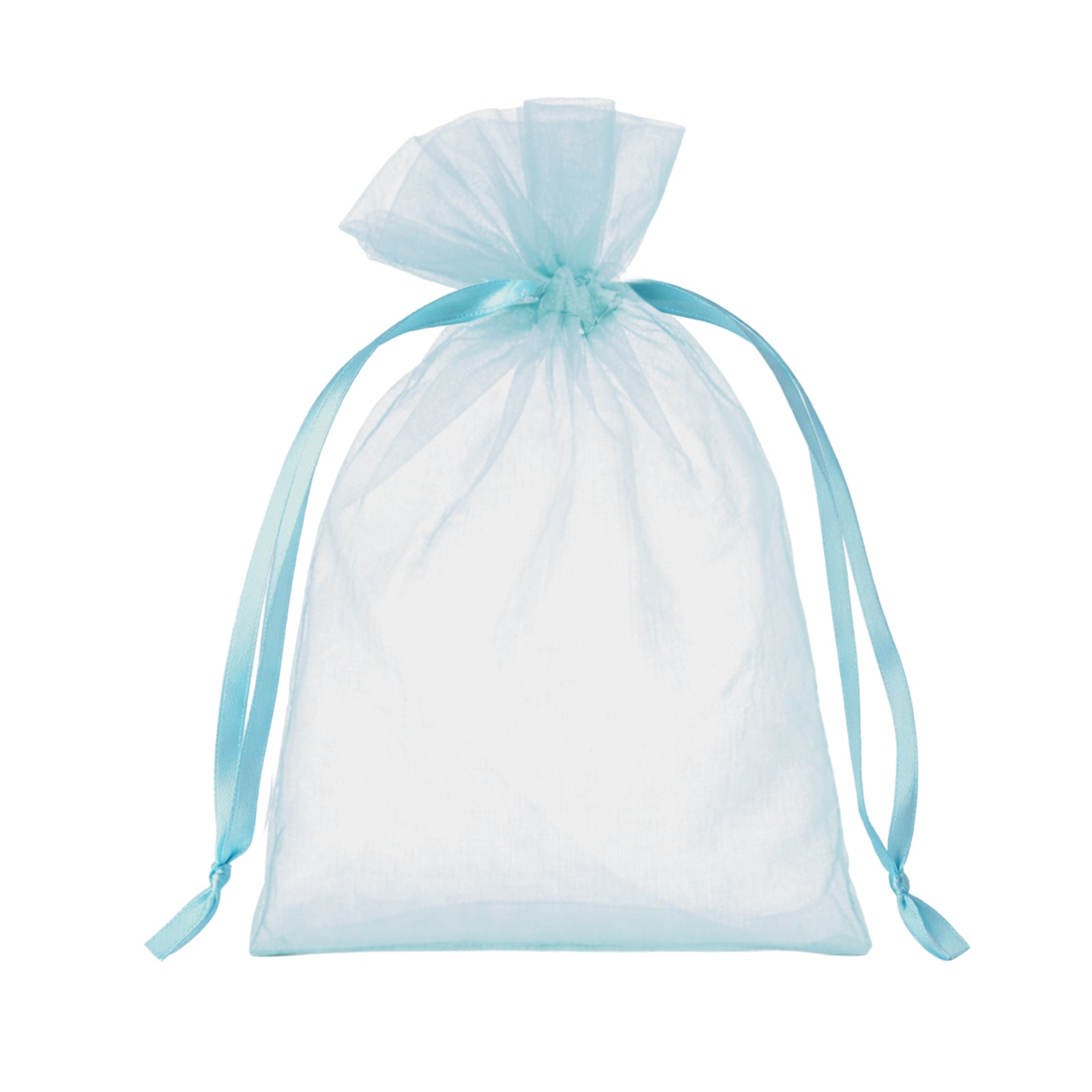 Light blue organza gift bag with drawstring, 4" x 6" for weddings and parties.