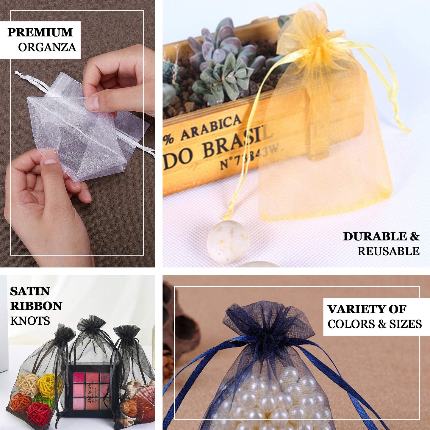 Turquoise organza gift bags with drawstring, perfect for wedding favors.