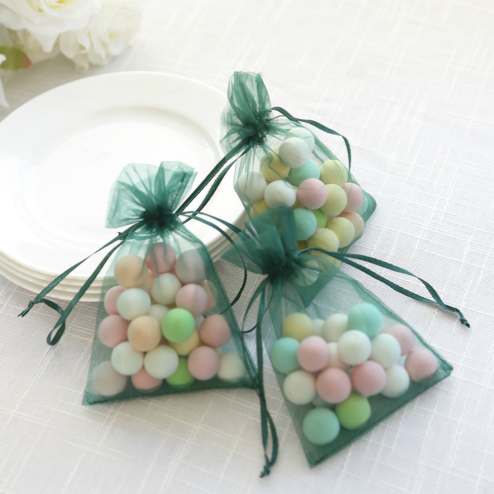 100 Pack Hunter Emerald Green Organza Gift Bags with Drawstring, 4" x 6