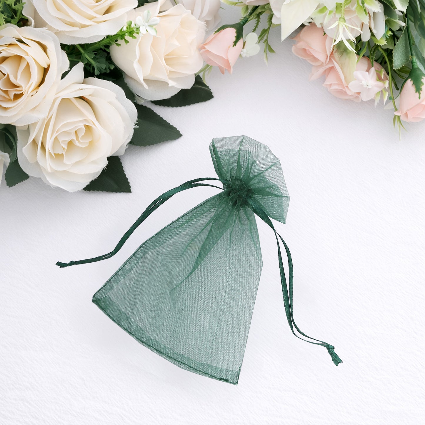 Hunter emerald green organza gift bag with drawstring, 4" x 6".