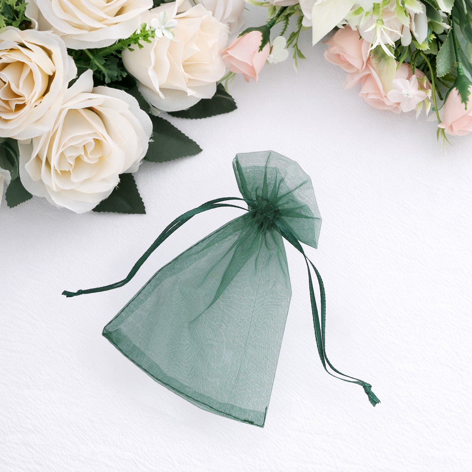 Hunter emerald green organza gift bag with drawstring, 4" x 6".