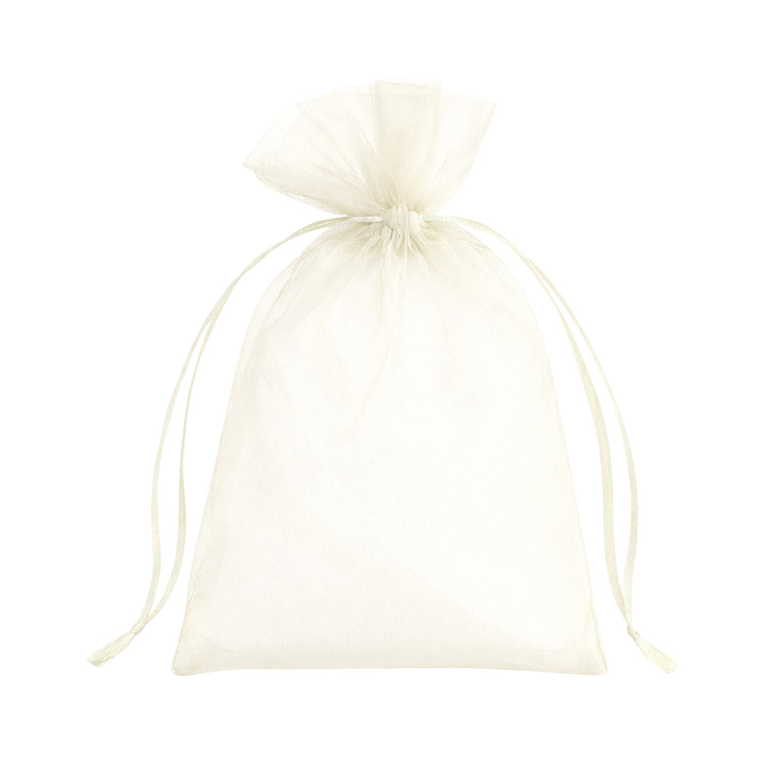 Ivory organza gift bag with drawstring, 4" x 6", ideal for wedding favors.