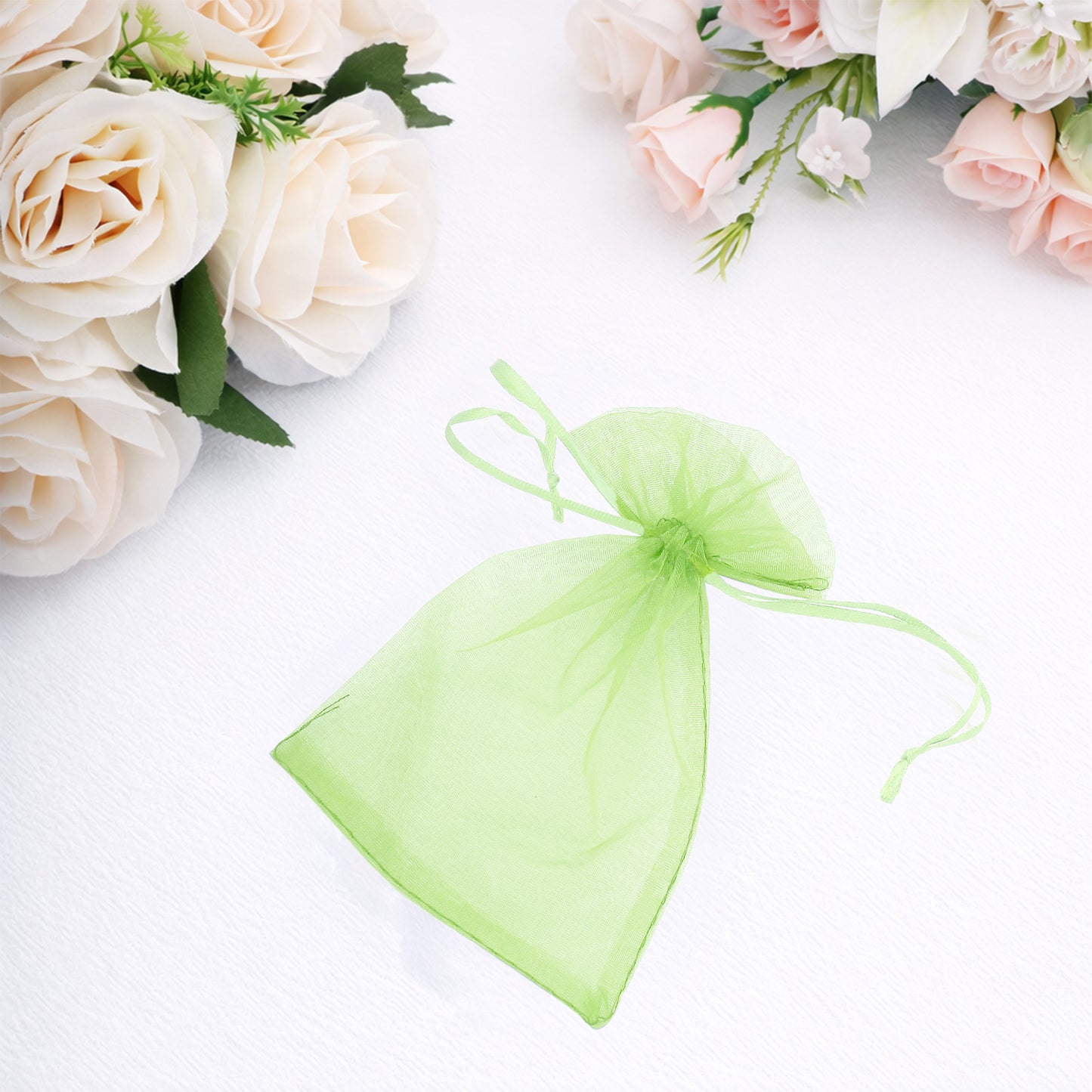 Mint organza gift bag with drawstring, 4" x 6", surrounded by flowers.