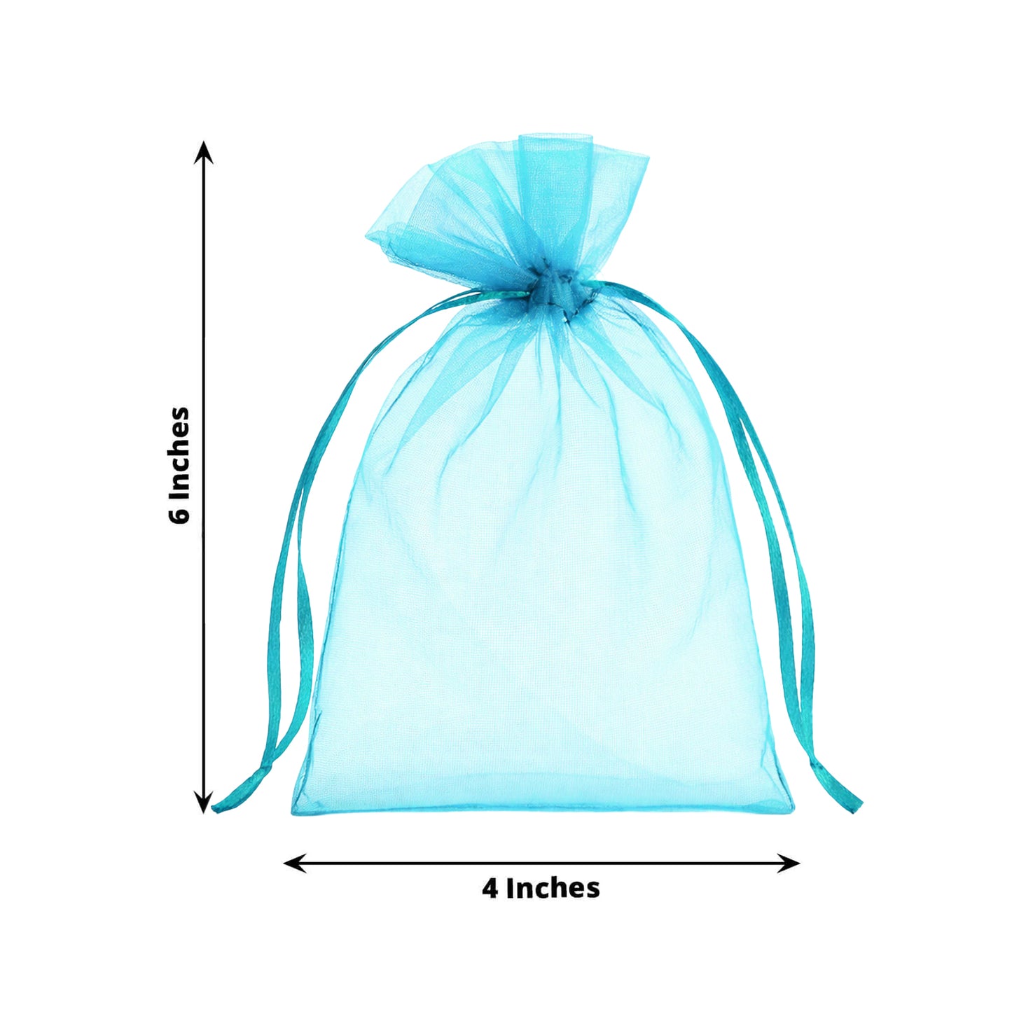 Turquoise organza gift bag with drawstring, 4" x 6" for wedding favors.
