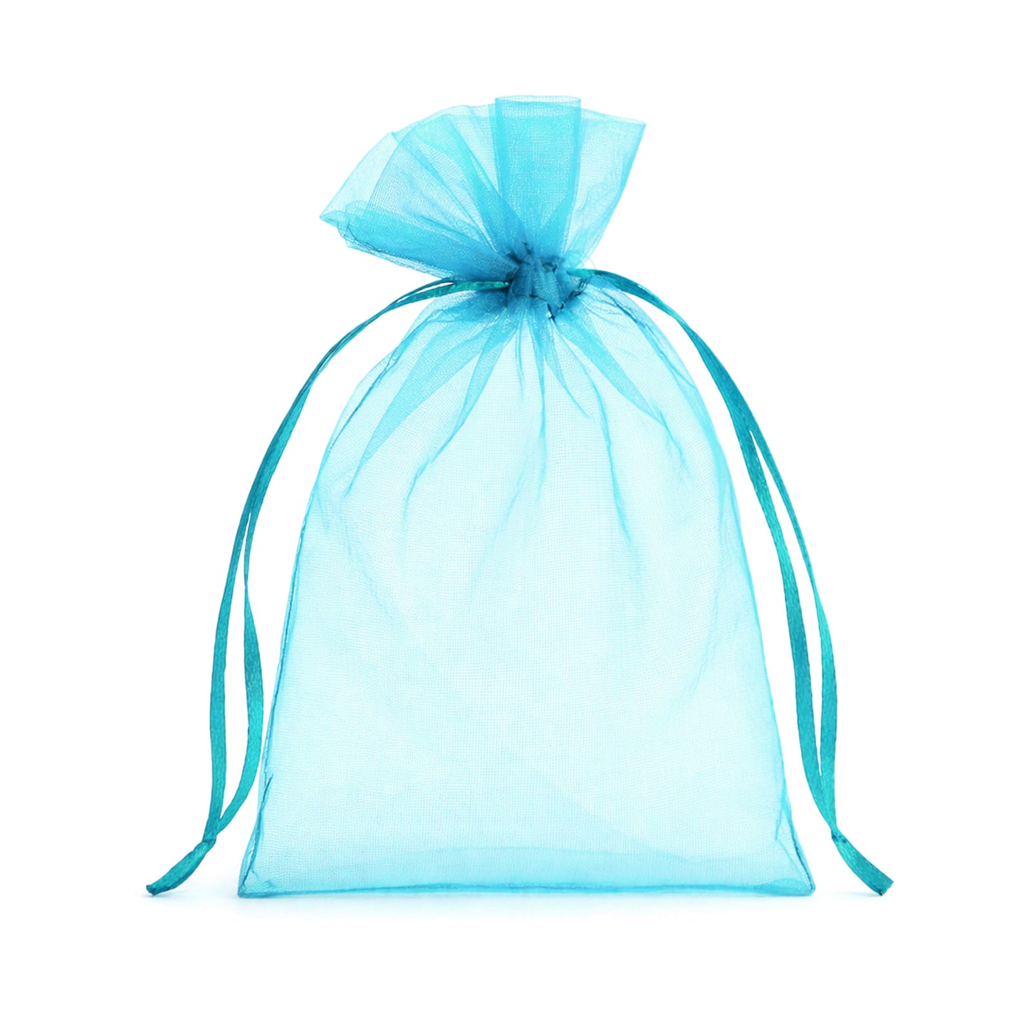 Turquoise organza gift bag with drawstring, perfect for wedding favors.