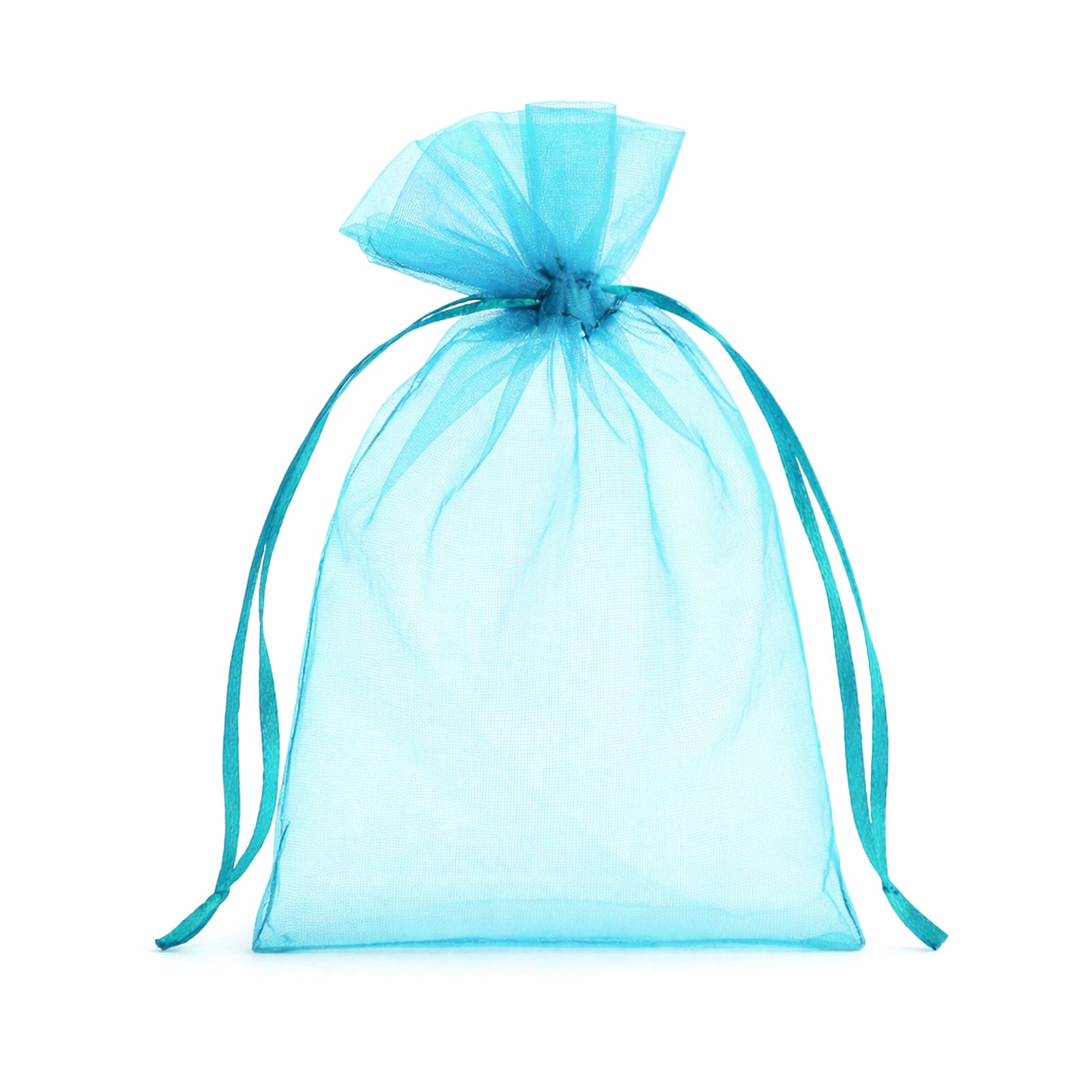 Turquoise organza gift bag with drawstring, perfect for wedding favors.