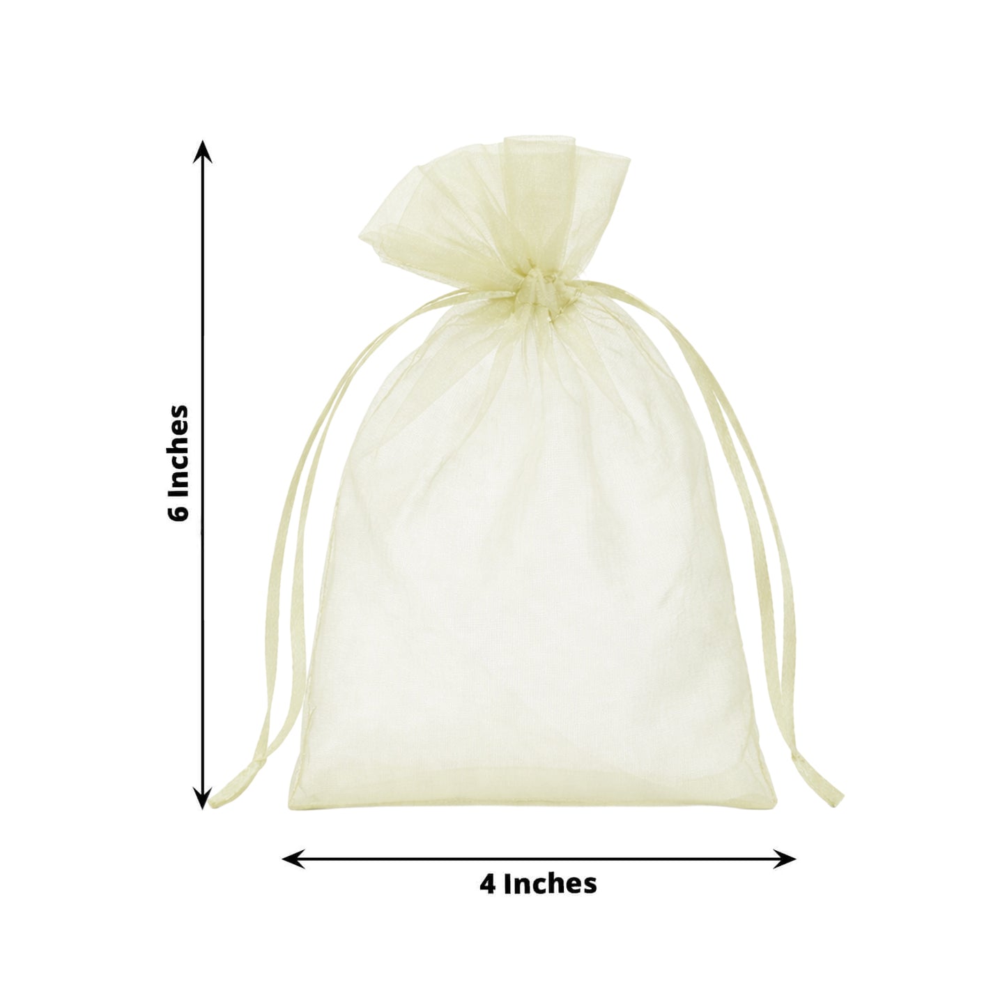 Yellow organza gift bag, 4" x 6", with drawstring for party favors.