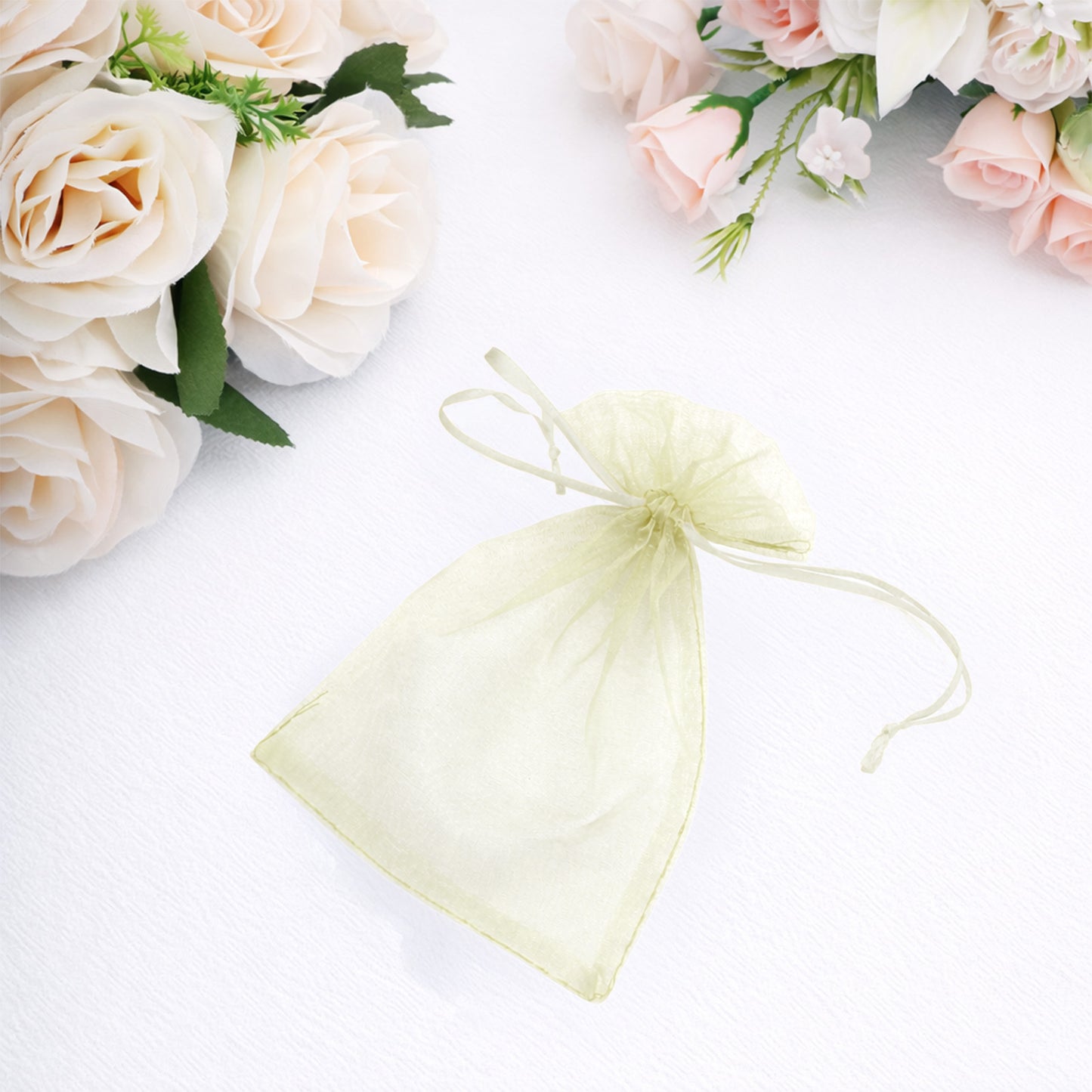 Light green organza gift bag with drawstring, 4" x 6", against floral background.