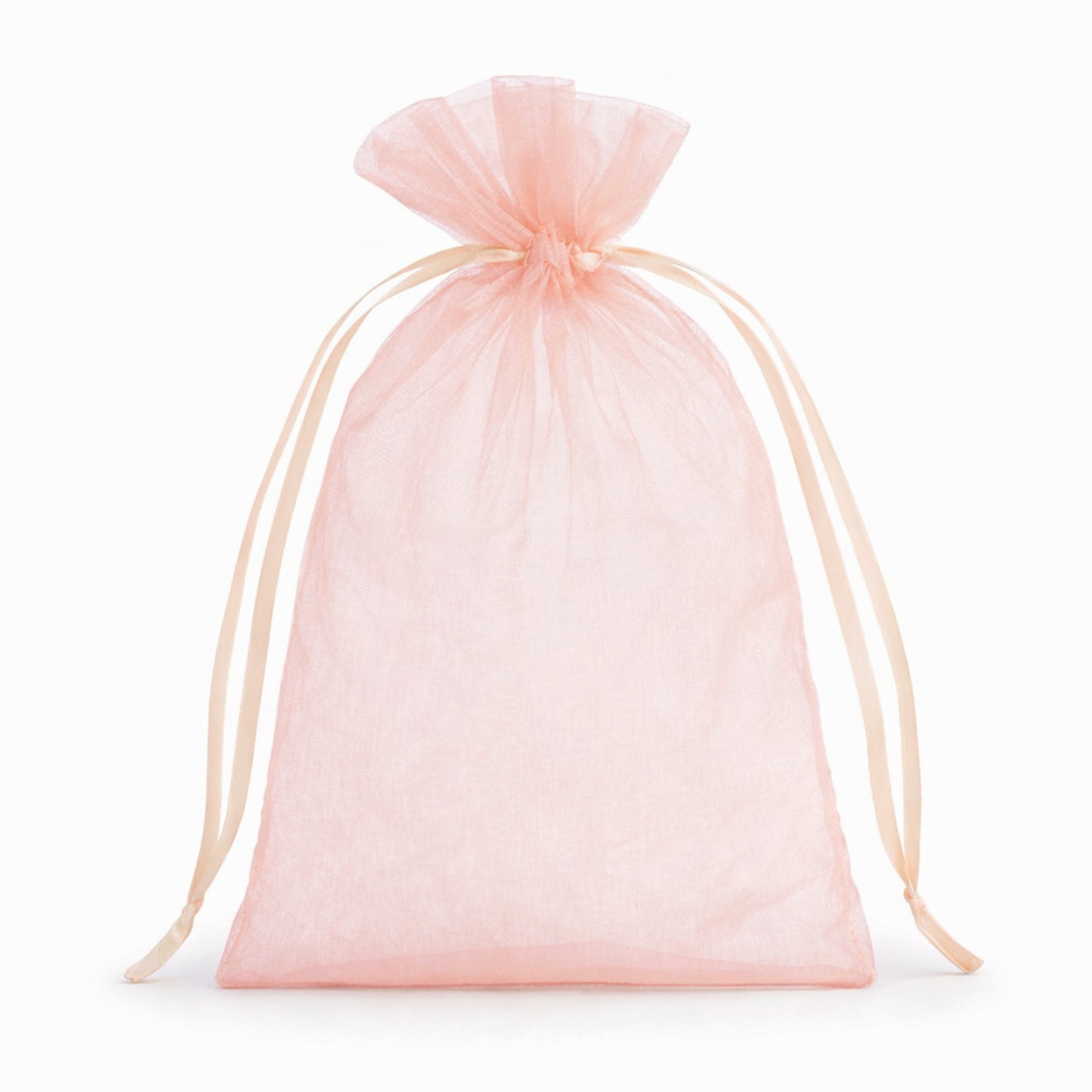 Blush organza gift bag with drawstring, perfect for wedding favors.