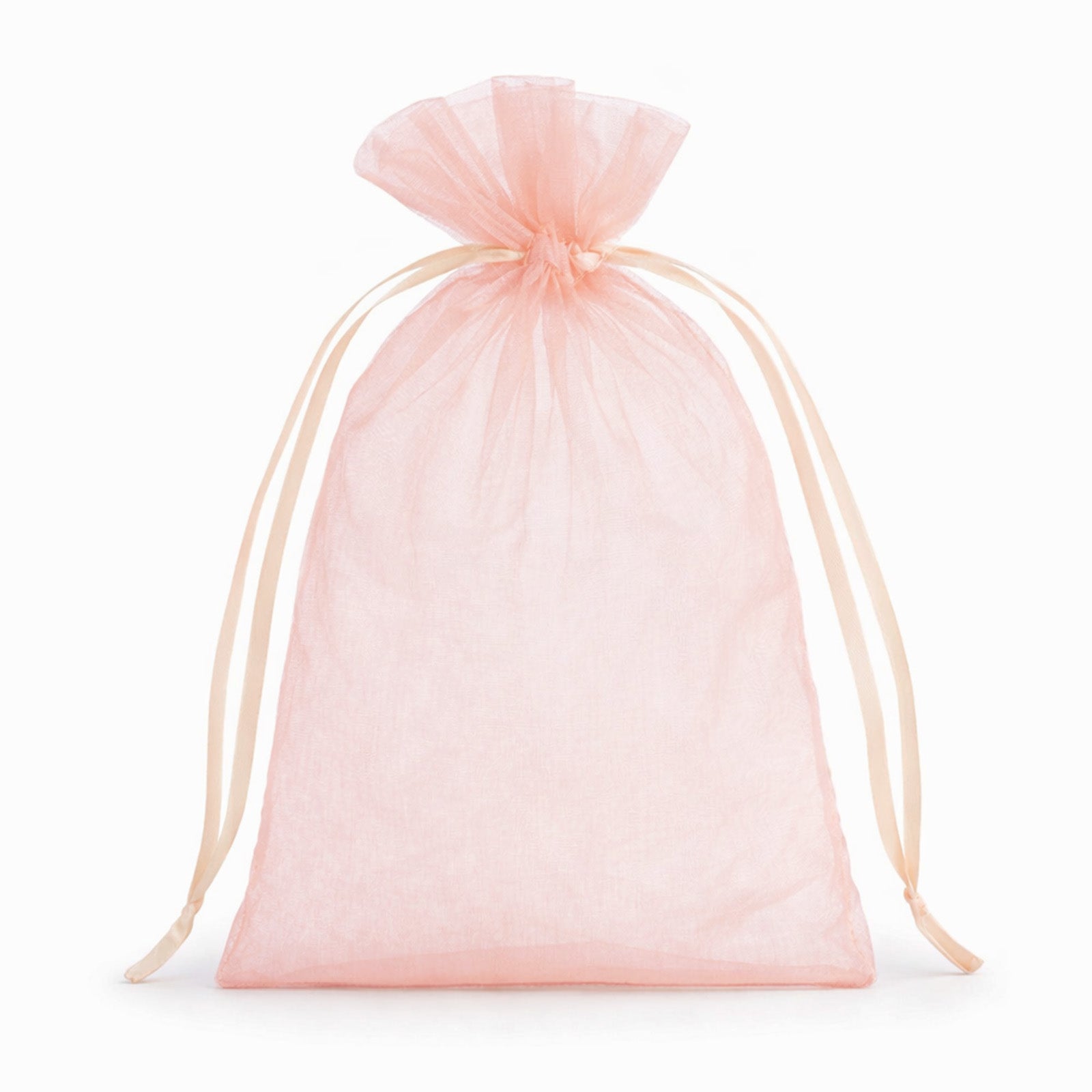 Blush organza gift bag with drawstring, perfect for wedding favors.