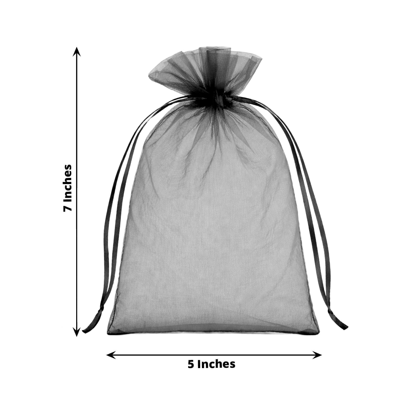 Black organza gift bag with drawstring, 5" x 7", perfect for wedding favors.