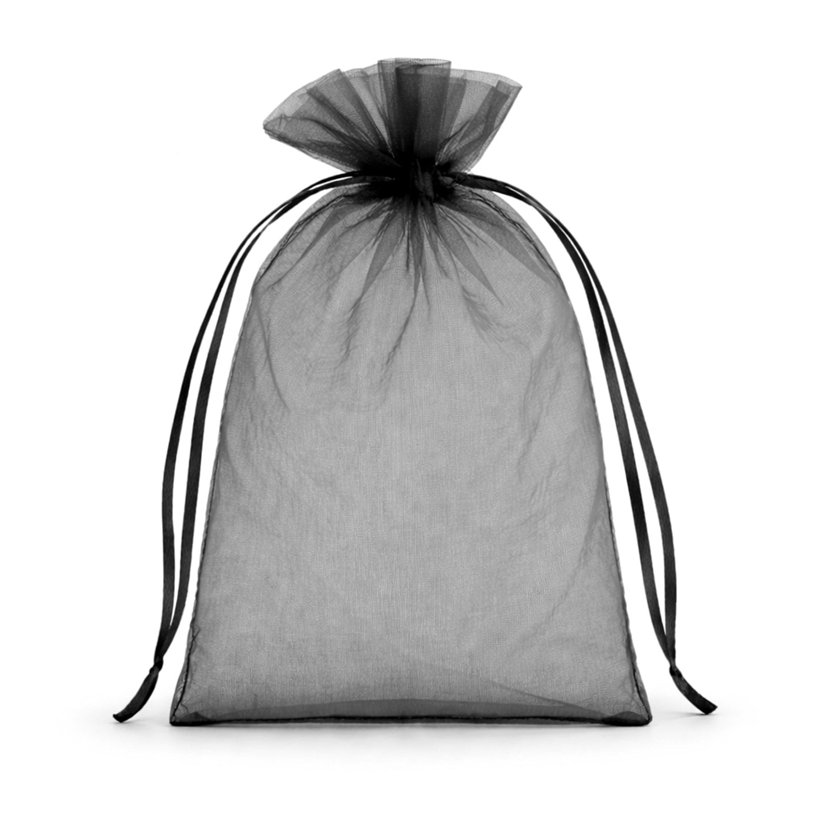 Black organza gift bag with drawstring, 5" x 7", perfect for wedding favors.