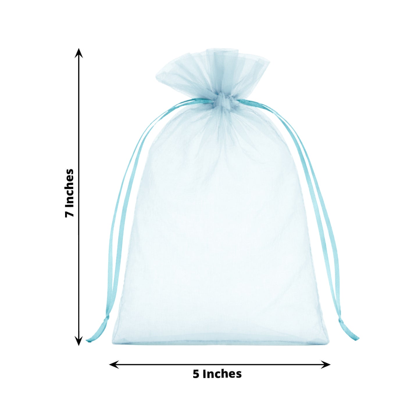 Light blue organza gift bag with drawstring, 5" x 7" size.