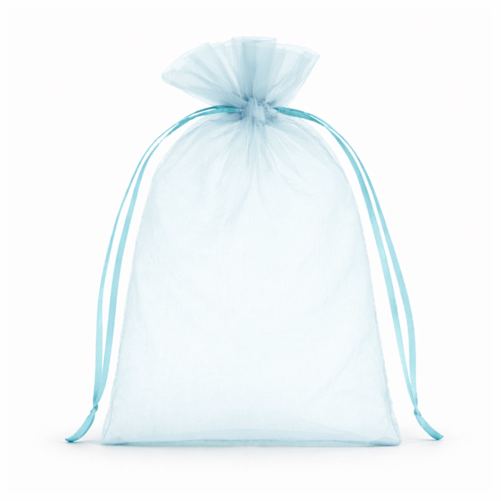Light blue organza gift bag with drawstring, 5" x 7", perfect for wedding favors.