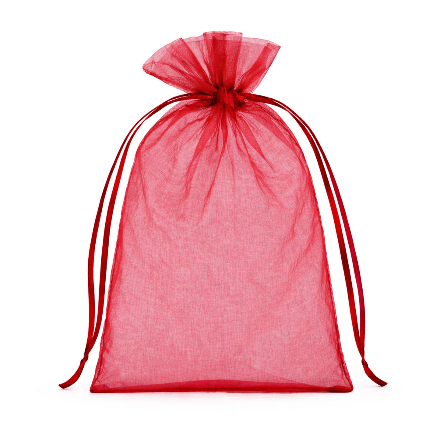 Red organza gift bag with drawstring, 5" x 7", perfect for wedding favors.