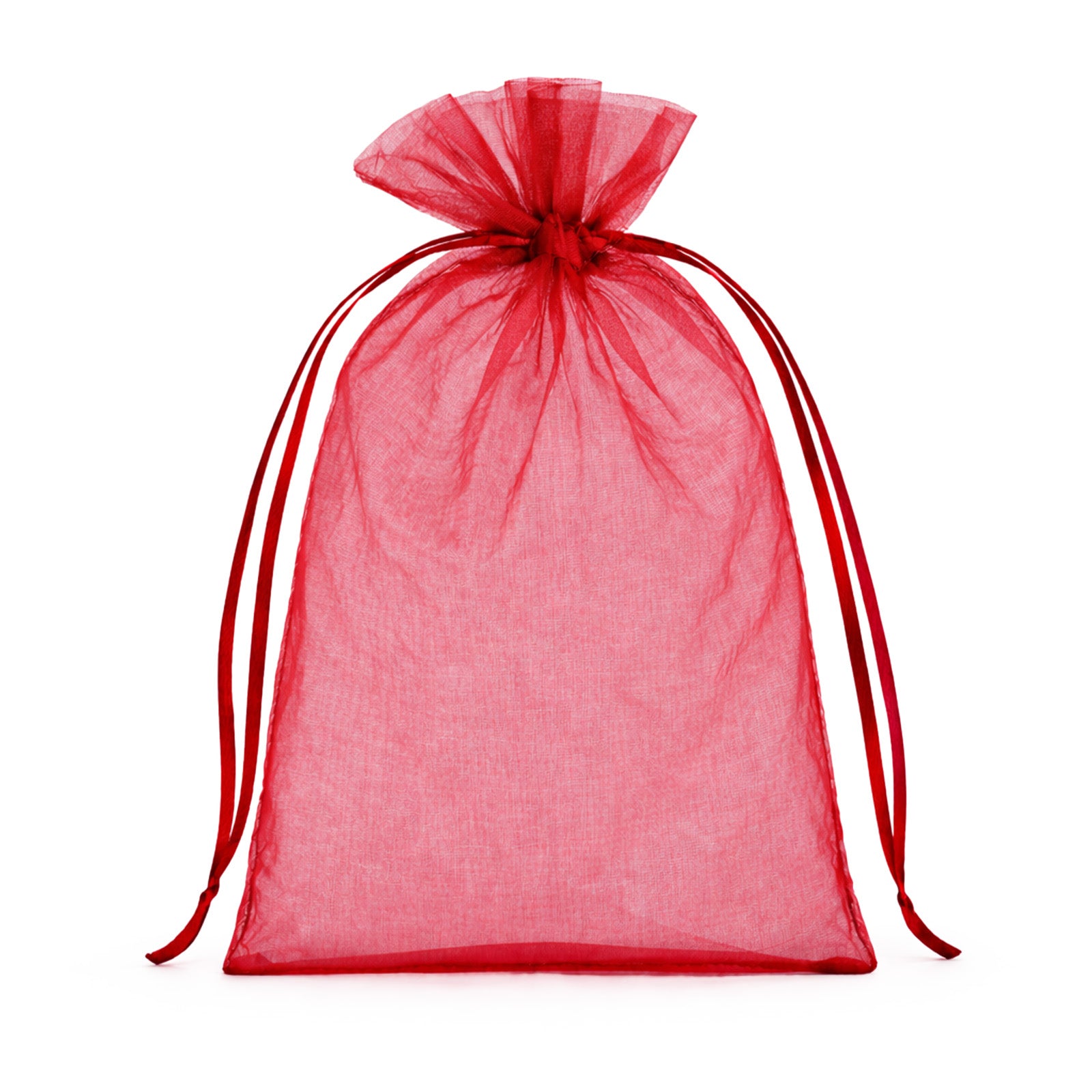 Red organza gift bag with drawstring, 5" x 7", perfect for wedding favors.