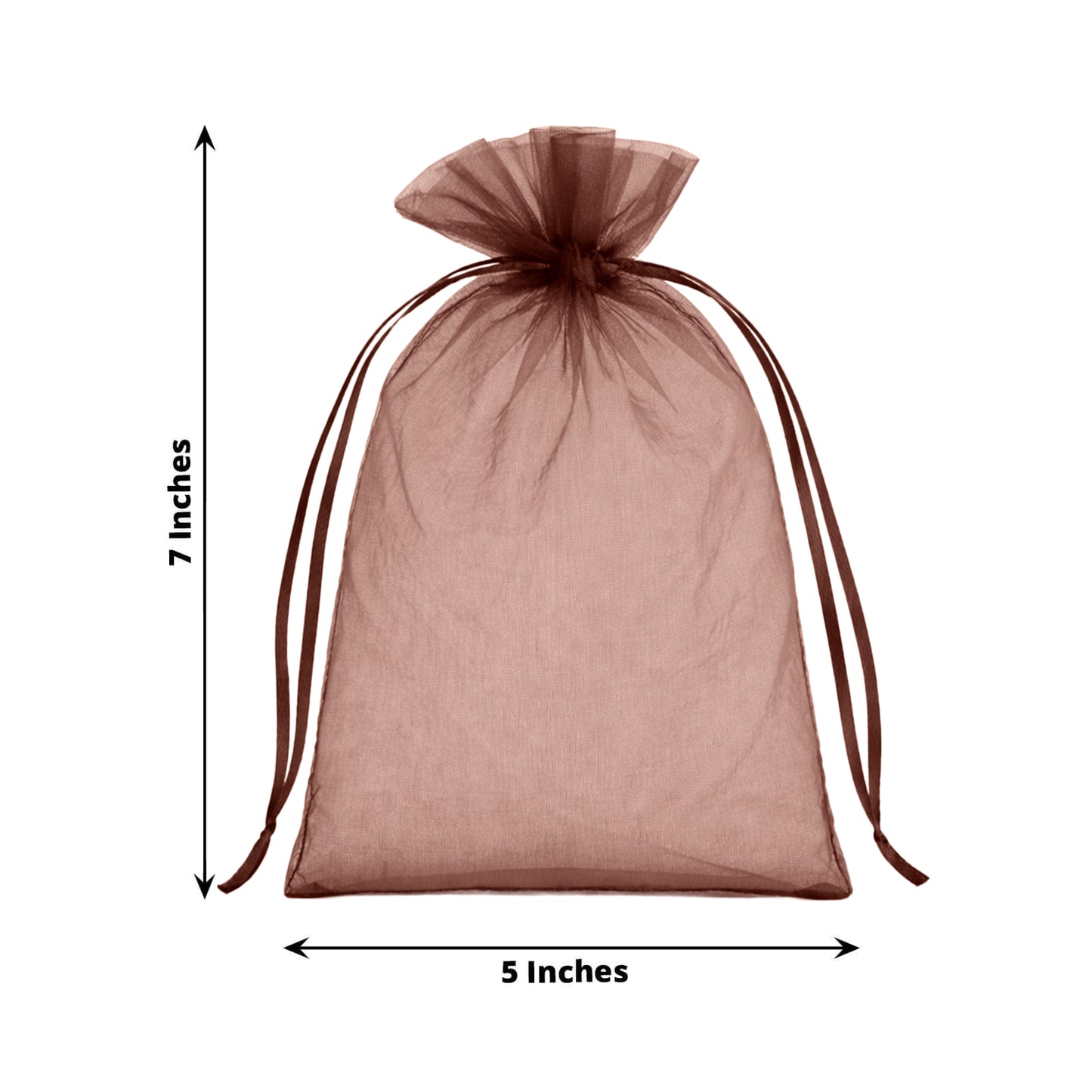 Chocolate organza gift bag with drawstring, 5" x 7", in brown color.