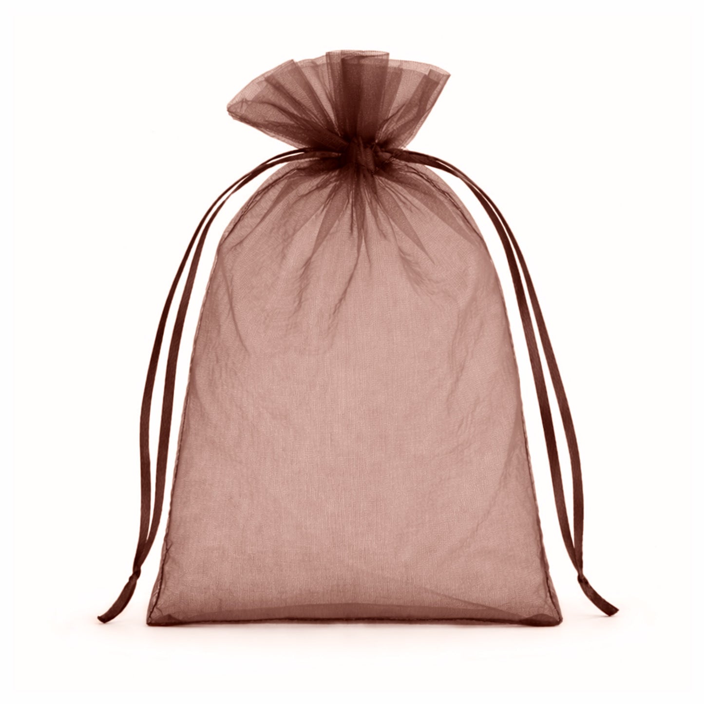 Brown organza gift bag with drawstring, 5" x 7", perfect for wedding favors.