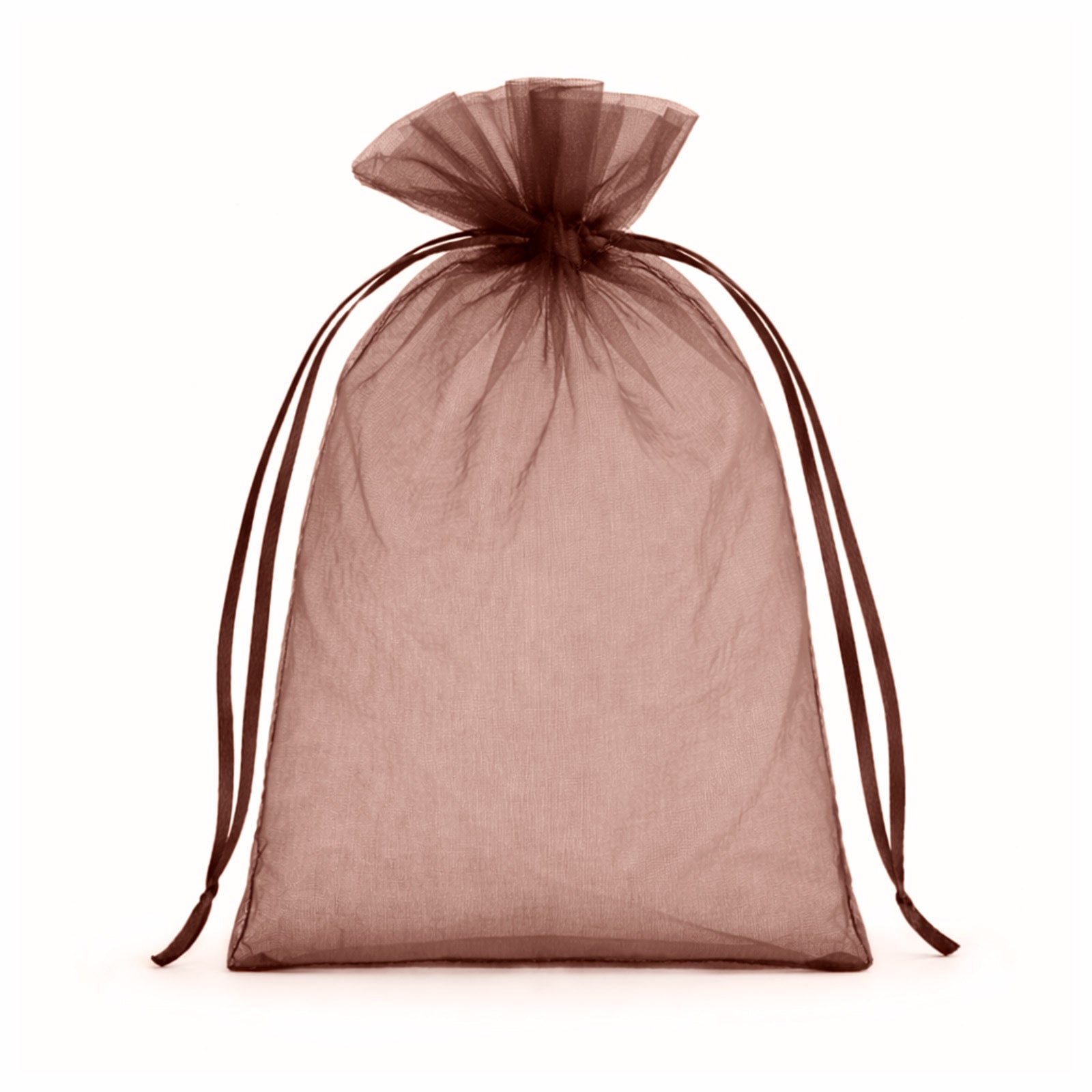 Brown organza gift bag with drawstring, 5" x 7", perfect for wedding favors.