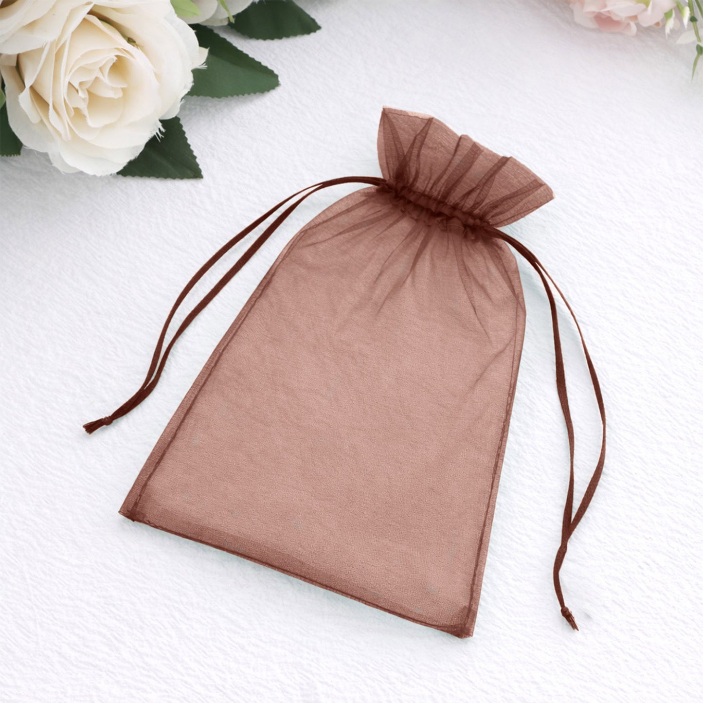 Brown organza gift bag with drawstring, 5" x 7", 100 pack for wedding favors.
