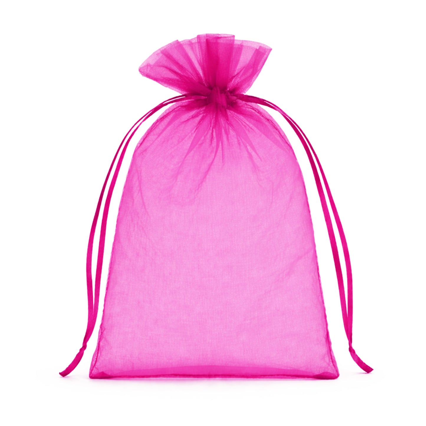 Fuchsia organza gift bag with drawstring, 5" x 7", ideal for weddings and parties.