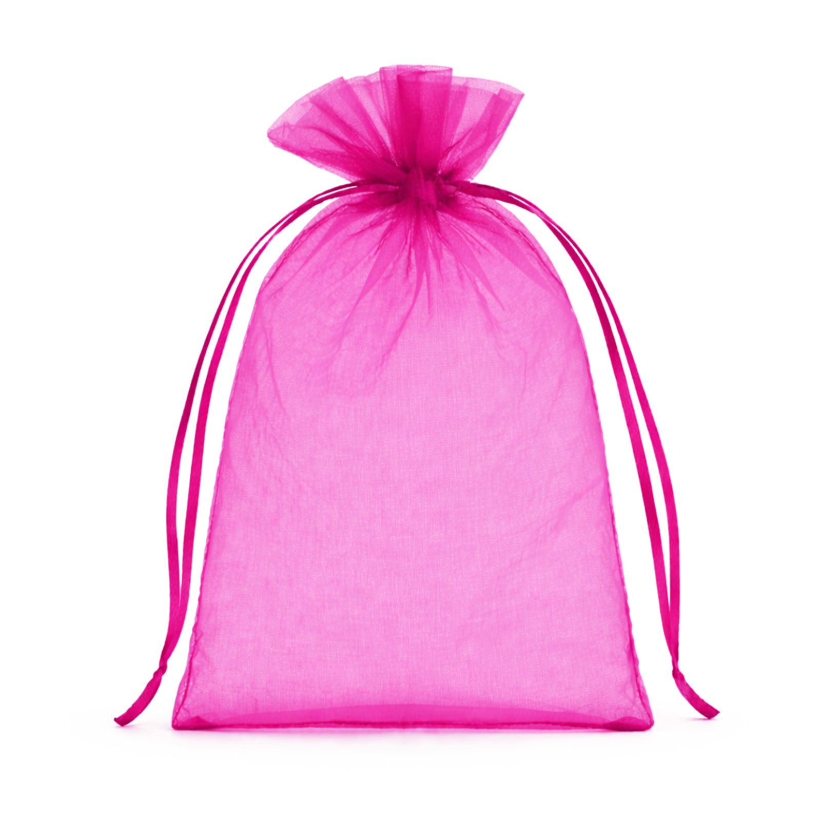 Fuchsia organza gift bag with drawstring, 5" x 7", ideal for weddings and parties.