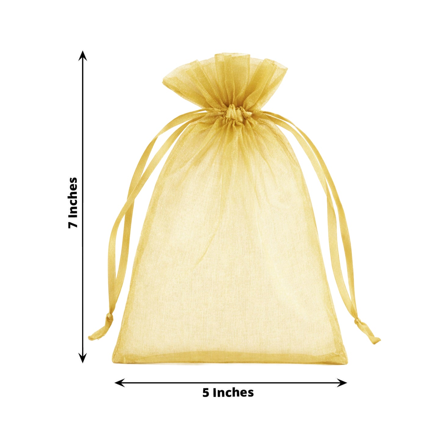 Gold organza gift bag with drawstring, 5" x 7", perfect for wedding favors.