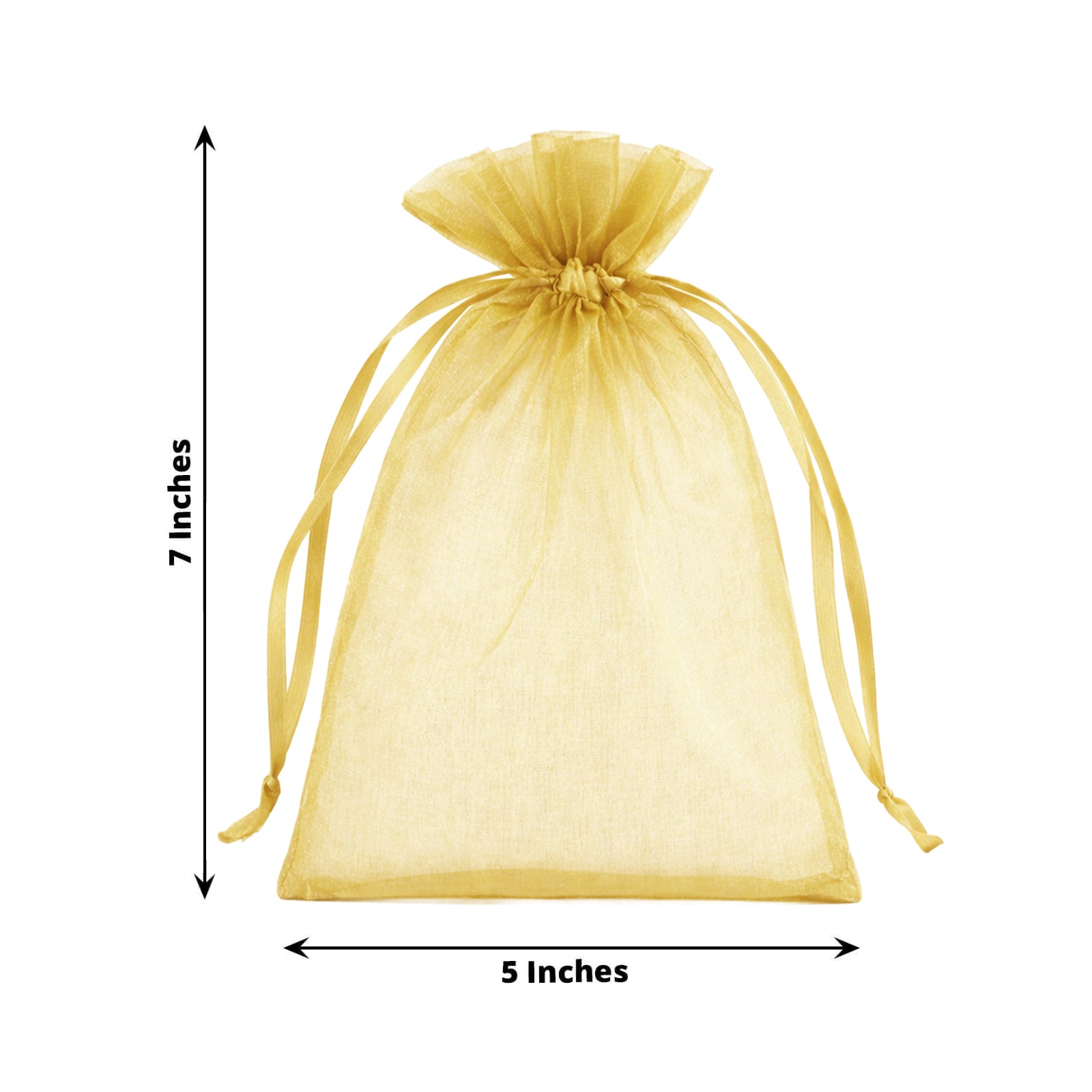 Gold organza gift bag with drawstring, 5" x 7", perfect for wedding favors.