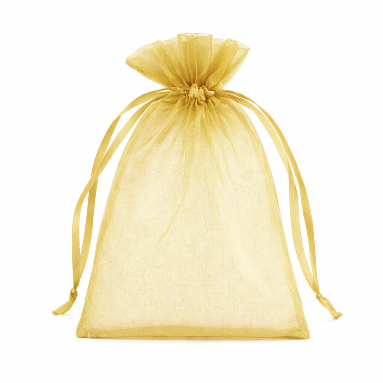 Gold organza gift bag with drawstring, perfect for wedding favors.